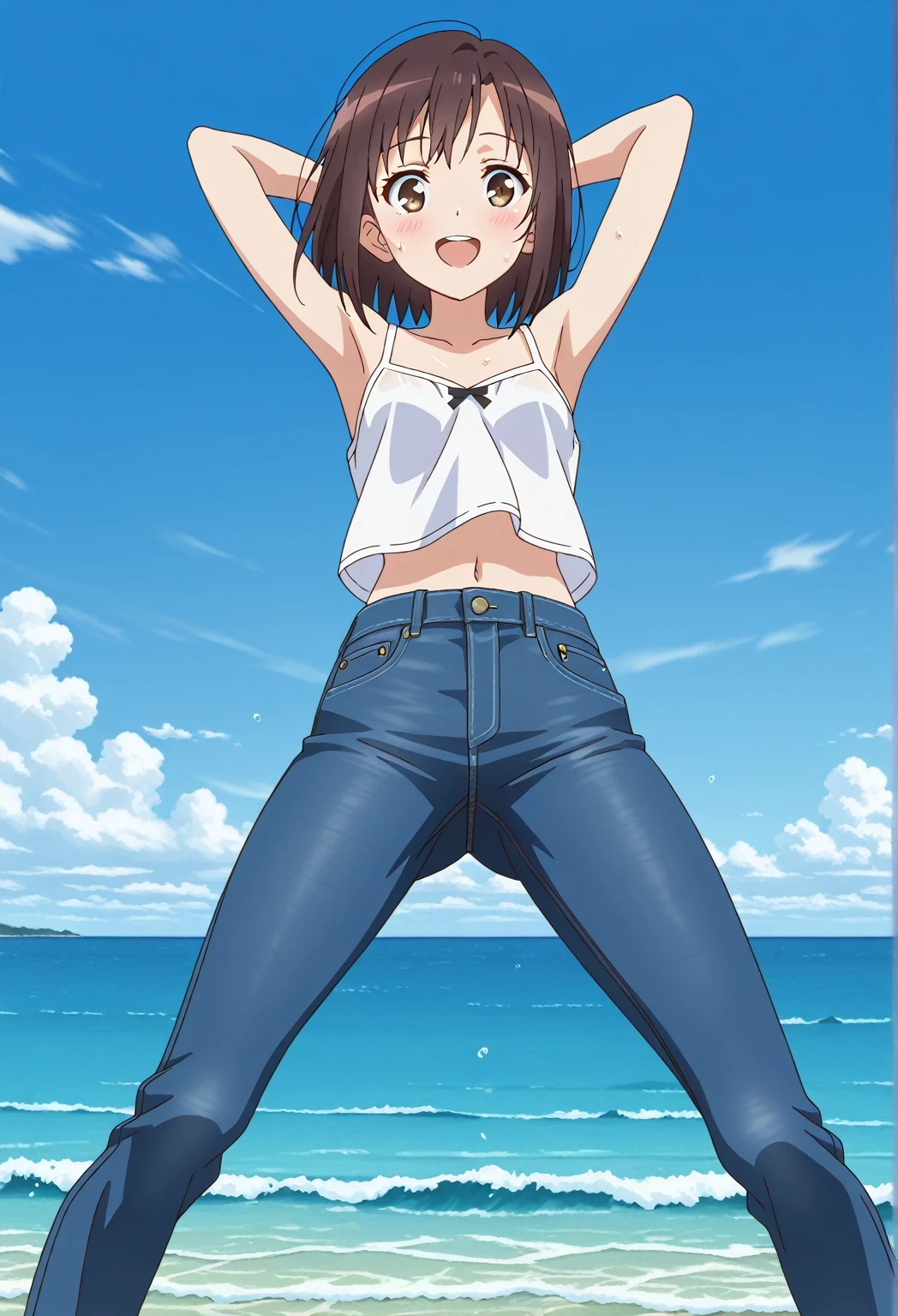 score_9, score_8_up, score_7_up, source_anime, highres, hi res, ((best quality, top quality, perfect quality, Highest Quality, amazing quality)), {{masterpiece}}, {{an extremely delicate and beautiful}}, 2d, intricate details, official style, anime, 8k, anime style, official_anime, official art, digital painting, cell shading, soft shading, high resolution, soothing tones, Subdued Color, Soft cinematic light, adobe lightroom, photolab, HDR, intricately and hyper-detailed, ((high quality animation)), 1 girl, Alone, solo, ((ocean)), tsunami, on the water, day, sunny, outdoors, sky, windy, megumi katou, dark brown hair, brown eyes, short hair, anime screencap, small breasts, white camisole top, crop top, white crop top, best quality, hyper-detailed jeans, ((blue jeans:1.9)), (dark blue jeans:0.6), full medium body, medium shot, Open mouth, smiling, happy face, blush, sweat, standing, ((arms behind head:6.0)), bowlegged, jumping pose, action, looking at viewer, spread legs, Bend knees slightly, straight-on front view