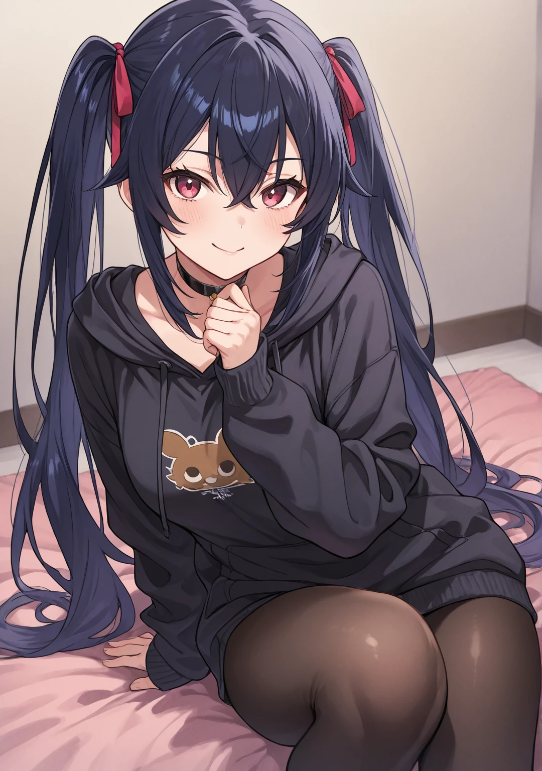 ((masterpiece)), ((best quality)), (ultra-detailed), anime style, on the bed, a cute girl, 1girl, solo, gym shorts00, ((beautiful eyes))0, smile