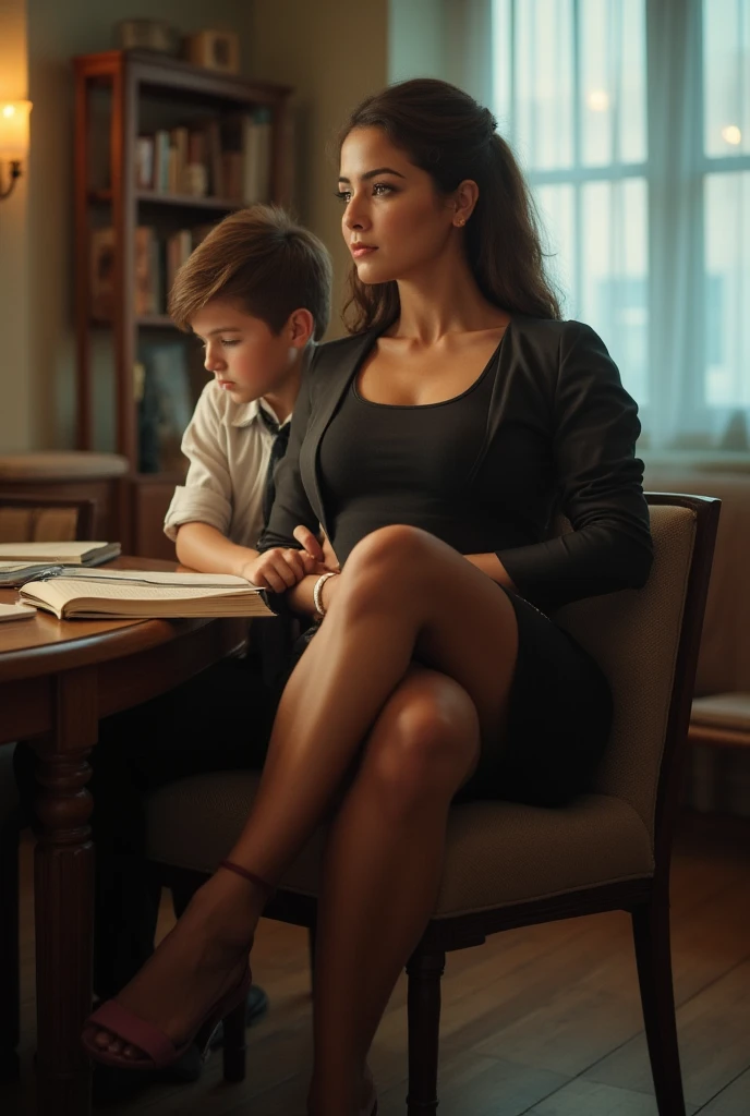 (Best quality,4K,8k,high resolucion,Masterpiece:1.2),Ultra-detailed,(Realstic,photoreallistic,photo-realistic:1.37),teacher in stocking and Black tight mini skirt  with young boy in Claas room,beautiful detailed thighs,beautiful detailed Legs in stockimg,extremely detailed eyes and face and legs,Cils longs,professionnel,couleurs vives,photographie, stocking, luz,beautiful lighting,Sourire captivant,talons hauts,Soft and elegant ambience, sur les jambes. woman sitting on the table and crossed Legs. boy stay  next to Woman legs. the boy is small. a boy is a young student . the boy next to the woman's thighs and hold thighs. ( boy is twice as tall as a woman ),  Boy is wearing suit and have .