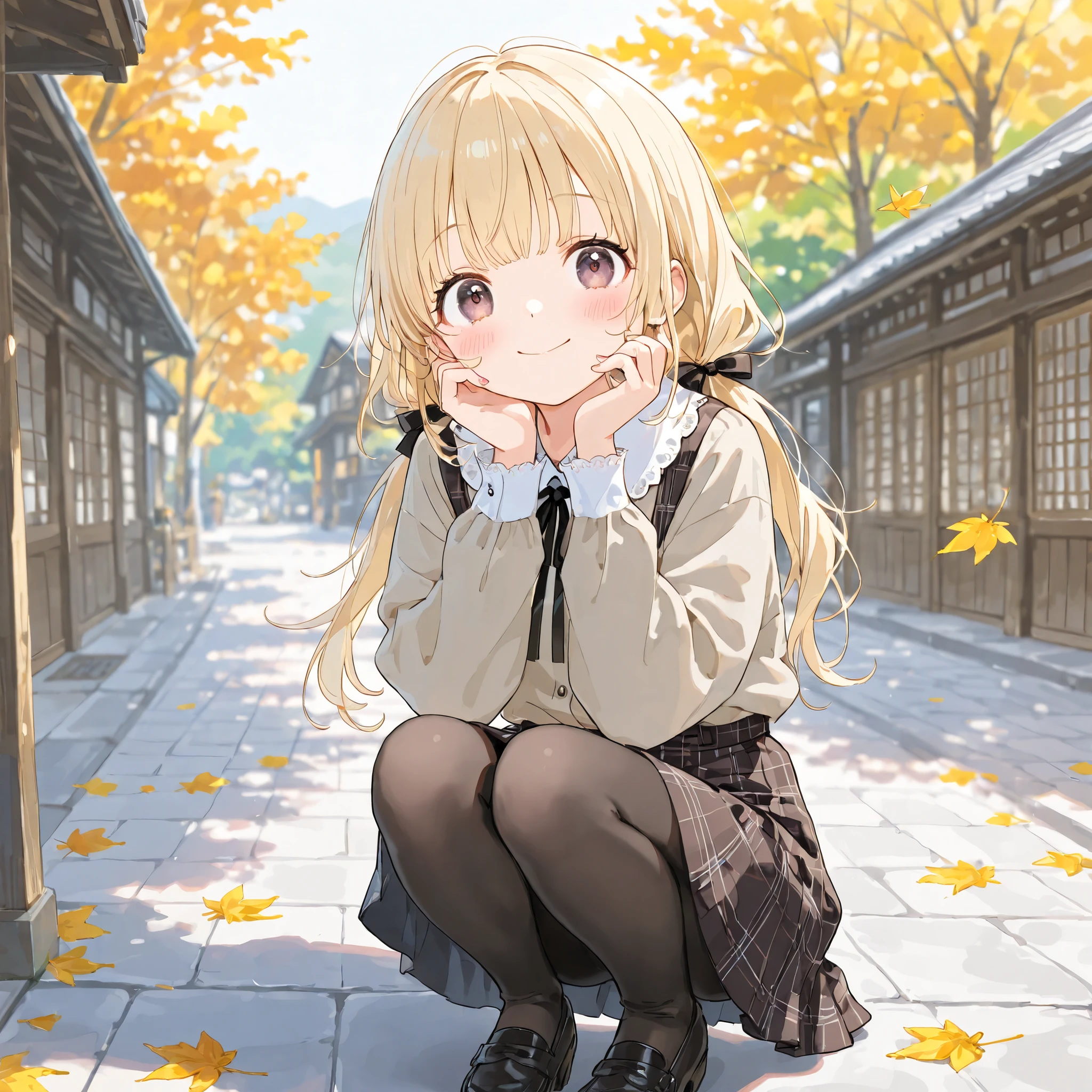 (Masterpiece: 1.2, Highest Quality), (Beautiful and Detailed Eyes: 1.2), (Beautiful Woman Smiling at You)), (Beautiful and Clear Background: 1.2), (Enhanced Detail CG, Very Detailed, Best Shadows: 1.1), (Very Exquisite and Beautiful: 1.1), (Perfect Detail: 1.1), Veranda of a Japanese Countryside House, Beautiful Autumn Leaves, (Highly Detailed Dark Purple Eyes), Highly Detailed Face, Twintails, Blonde Hair, (Brown Eyes), (Low Twintails), Light Pink Nails, Nail Polish, Blurred Background, Blur, Beautiful Scenery of the Japanese Autumn Countryside, Blush, Watercolor of Autumn Leaves (Medium), (Sketch: 0.4), Blush, Smile, Eyelashes, Very Aesthetic, Daytime, Eyelashes, Ribbon, Skirt, Beautiful Black Tights, Beautiful Toe Tights, Bangs, Breasts, Expressive and Happy Face, Cinematic Depth of Field, Slightly Blurred Background, Detailed Eyes and Skin, High Quality