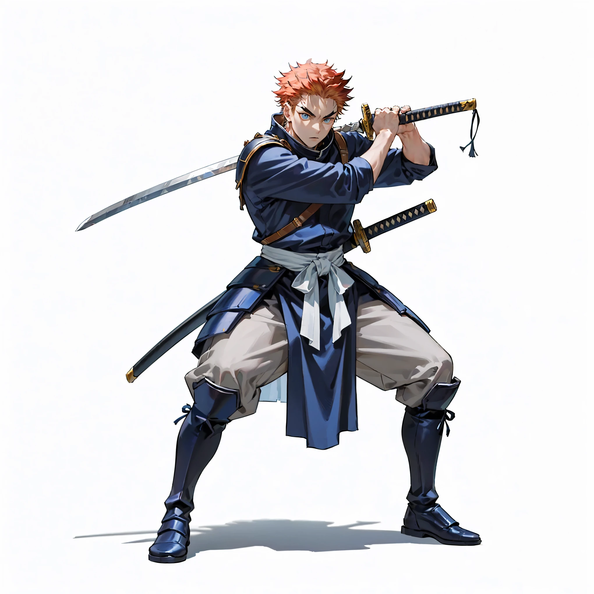 (male), (adult man), (slim body), (red hair), (short messy hair), (blue eyes), (serious expression), (solo), (single character), (full body version), (white background), (no background), (highly detailed), (shadow), (standing pose holding sword), (natural light), (detailed outfit), (detailed hand), (detailed face), (detailed hair)  
Wearing blue samurai armor with layered plating, blue tunic underneath, white waist cloth, gray pants wrapped at the calves, and dark blue armored boots. Katana in hand, (jujutsu kaisen style art)
