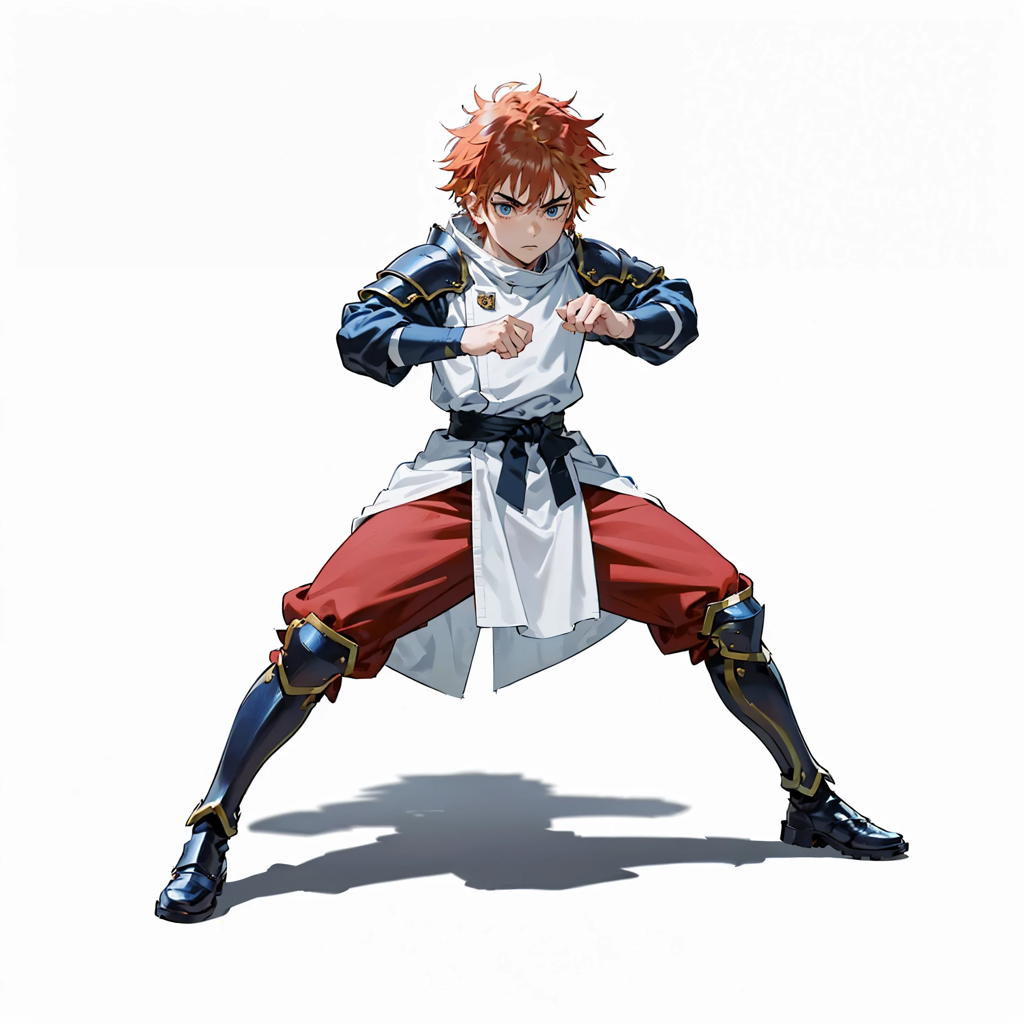 (male), (child boy), (slim body), (red hair), (short messy hair), (blue eyes), (serious expression), (solo), (single character), (full body version), (white background), (no background), (highly detailed), (shadow), stand pose), (natural light), (detailed outfit), (detailed hand), (detailed face), (detailed hair)
Wearing blue samurai armor with layered plating, white tunic underneath, black waist cloth, red pants wrapped at the calves, armored boots., (jujutsu kaisen style art)
