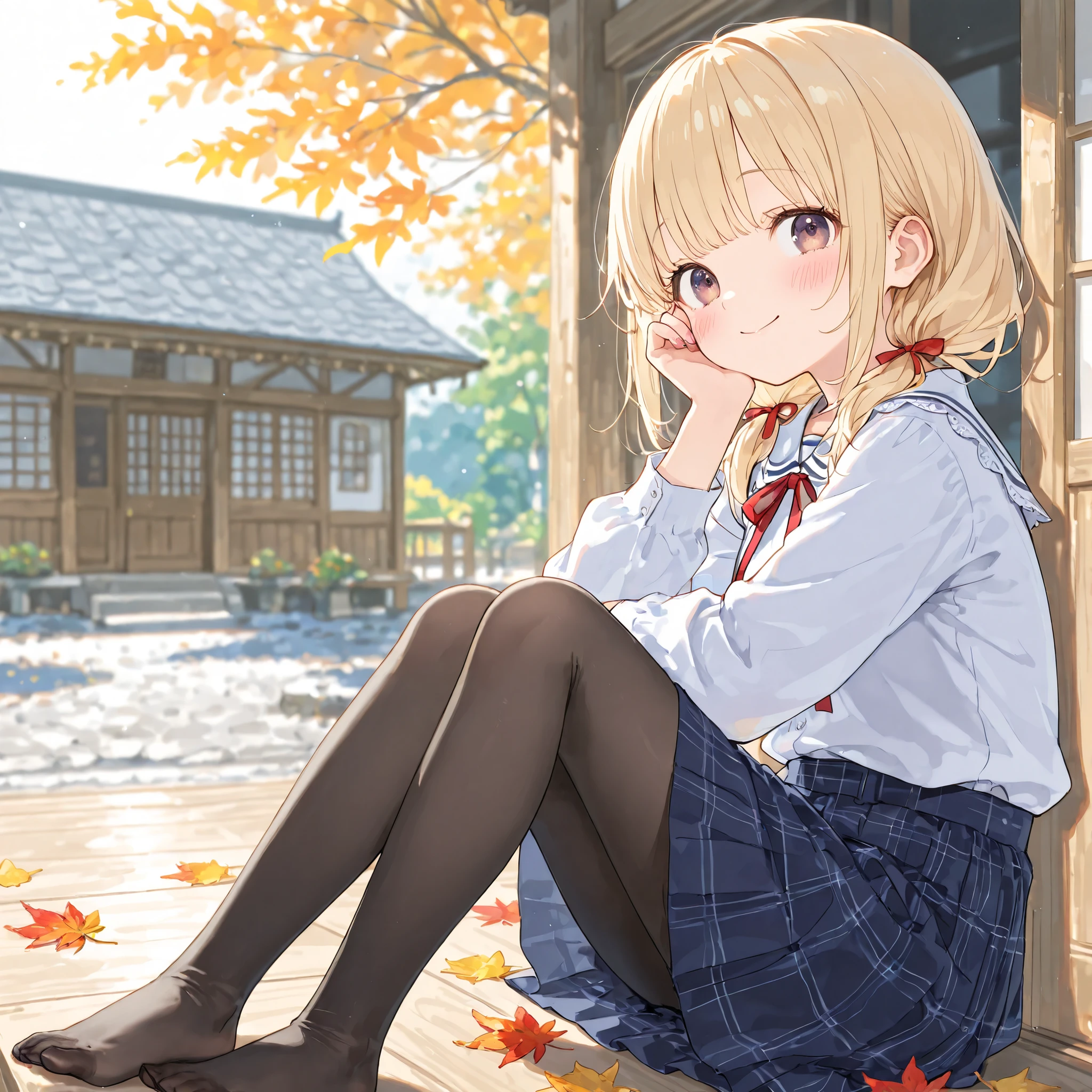 (Masterpiece: 1.2, Highest Quality), (Beautiful and Detailed Eyes: 1.2), (Beautiful Woman Smiling at You)), (Beautiful and Clear Background: 1.2), (Enhanced Detail CG, Very Detailed, Best Shadows: 1.1), (Very Exquisite and Beautiful: 1.1), (Perfect Detail: 1.1), Veranda of a Japanese Countryside House, Beautiful Autumn Leaves, (Highly Detailed Dark Purple Eyes), Highly Detailed Face, Twintails, Blonde Hair, (Brown Eyes), (Low Twintails), Light Pink Nails, Nail Polish, Blurred Background, Blur, Beautiful Scenery of the Japanese Autumn Countryside, Blush, Watercolor of Autumn Leaves (Medium), (Sketch: 0.4), Blush, Smile, Eyelashes, Very Aesthetic, Daytime, Eyelashes, Ribbon, Skirt, Beautiful Black Tights, Beautiful Toe Tights, Bangs, Breasts, Expressive and Happy Face, Cinematic Depth of Field, Slightly Blurred Background, Detailed Eyes and Skin, High Quality