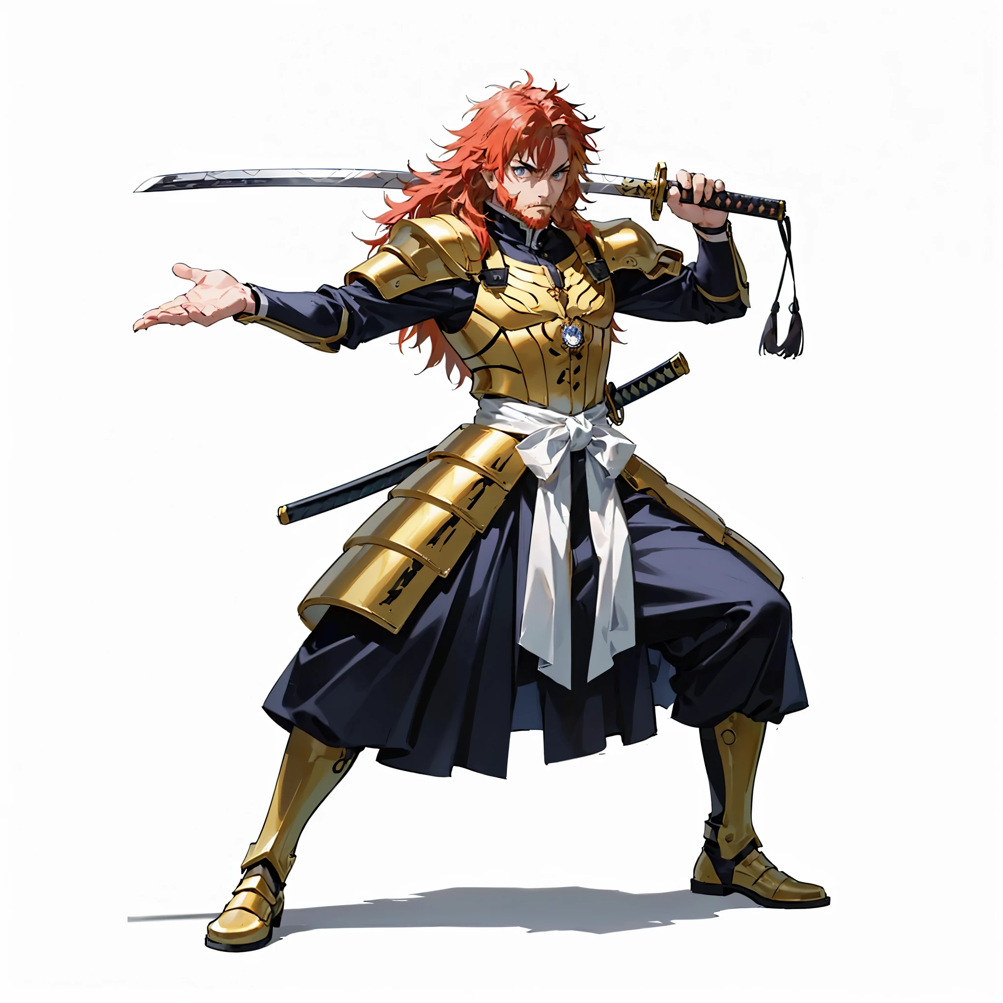 (male), (old man, beard), (slim body), (red hair), (long messy hair), (blue eyes), (stern expression), (solo), (single character), (full body version), (white background), (no background), (highly detailed), (shadow), (stand pose), (natural light), (detailed outfit), (detailed hand), (detailed face), (detailed hair)
Commander samurai outfit, golden trims on the shoulder guards, layered armored skirt, ornate chest plate with emblems, white waist sash, and tall armored boots. Katana in hand, (jujutsu kaisen style art)