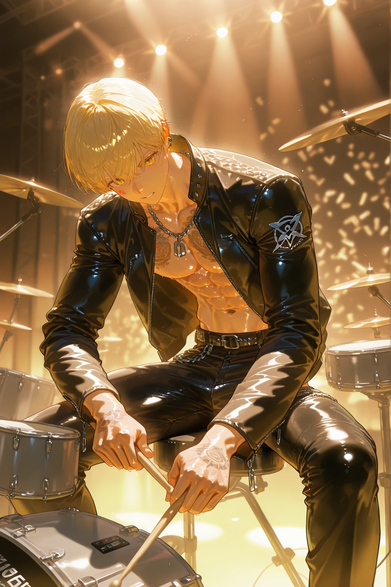 (shiny skin, shiny,wrong_drum_posture,music_gig,drum_set,)(Fisheye effect) Focus on the male drummer. A young guy with toned abs, blond, has tattoos on his face and chest. He is wearing a leather biker jacket and black leather trousers decorated with a silver chain. He is sitting on a chair in front of a drum kit with a black metal band logo. He's holding drumsticks. (In the background is a concert hall and a stage with musical equipment, speakers, microphones and sound amplifiers. metal band concert)