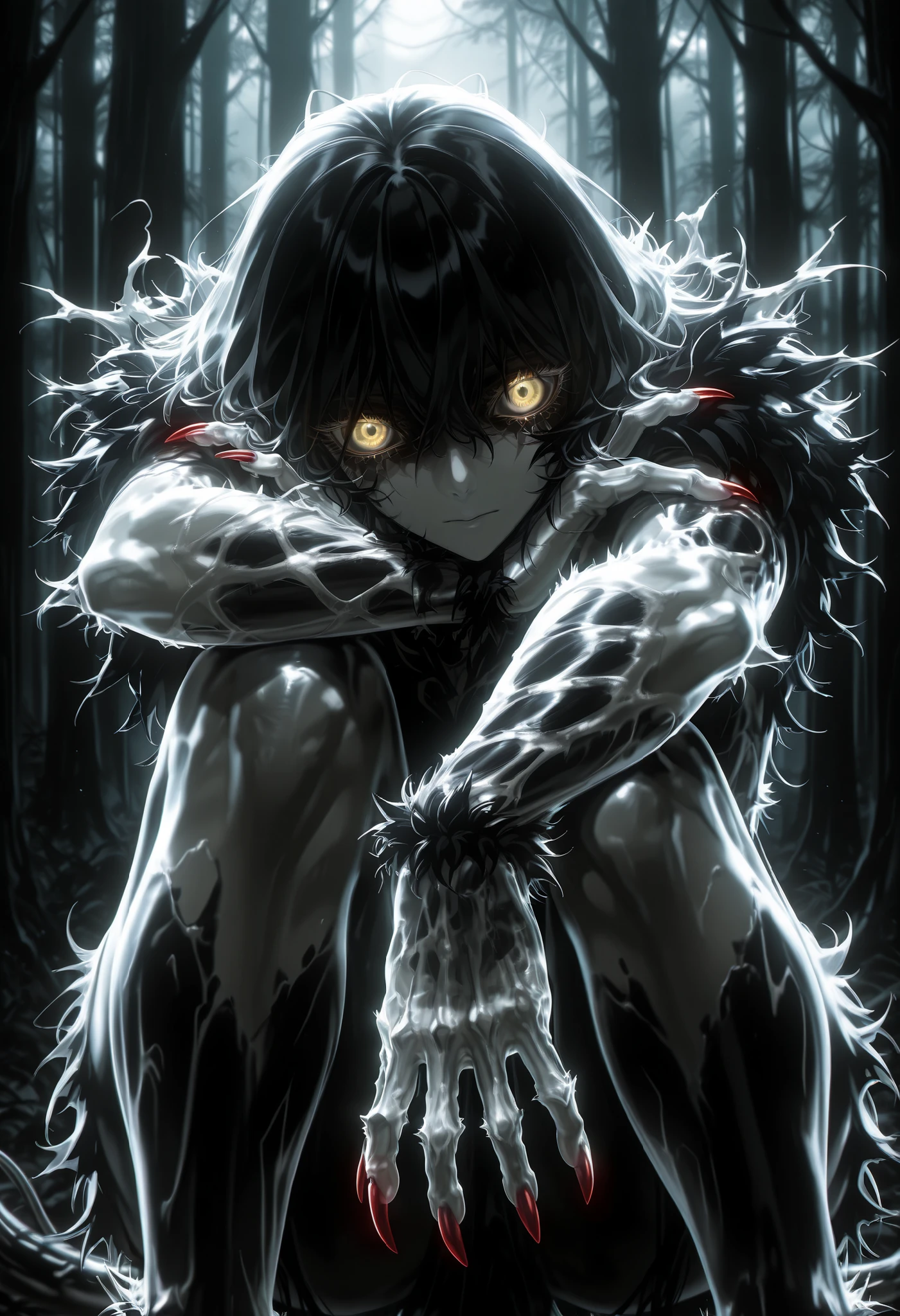 A girl,claws,red nails,yellow eyes,feline,pale skin,In a dark forest,bright eyes,emerges from the dark