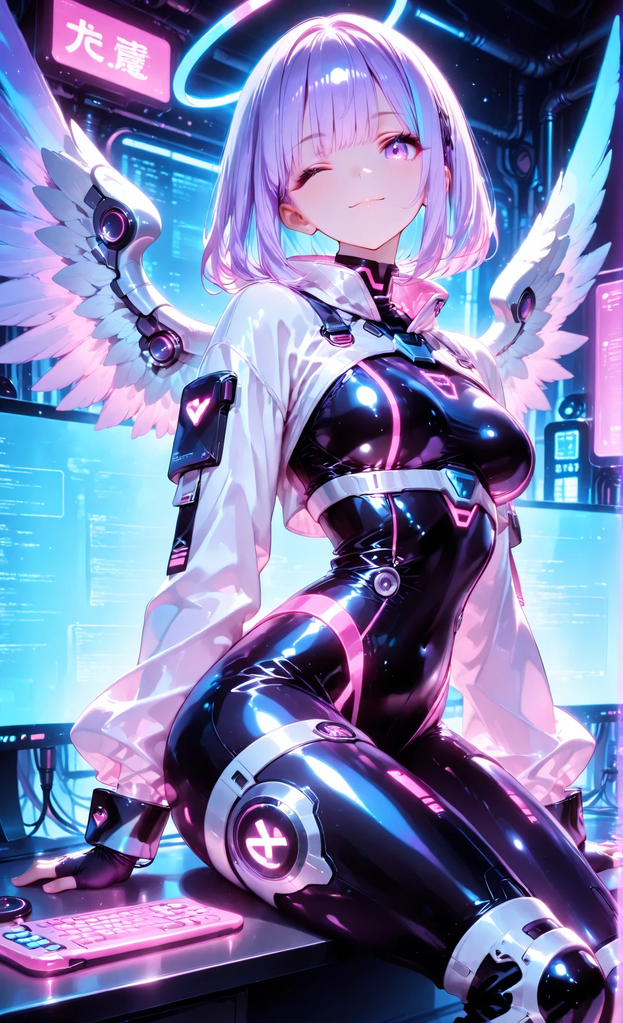 anime style, 3/4 characters, short bob cut hair, パステルピンクとブルーのハイライトが付いたライトpurpleの髪, Shiny Smooth Texture, ネオンpurpleとCyanを発光する未来的なメタリックエンジェルのハロー, Cybernetic angel wings include 、 a futuristic metallic angel halo that glows neon purple and cyan; 。, Glows softly, Shining reddish purple eyes , a glowing holographic screen behind intricate detailing; and , purple、Cyan、 semi-transparent, detachable sleeves with futuristic, illuminated cuffs made from a pink-shifting, translucent, iridescent material; 、 a sleek, form-fitting bodysuit; , with a neon digital luminescence pattern, light purple hair with pastel pink and blue highlights; , Mechanical connectors and cables at the waist gently glow, knee pads with small mechanical devices, translucent bodysuit that shines under neon lights, super detailed, masterpiece, High Quality, 8k, Best Lighting, soft shading, sits sideways at a futuristic console desk., wink, Glowing holographic screen behind