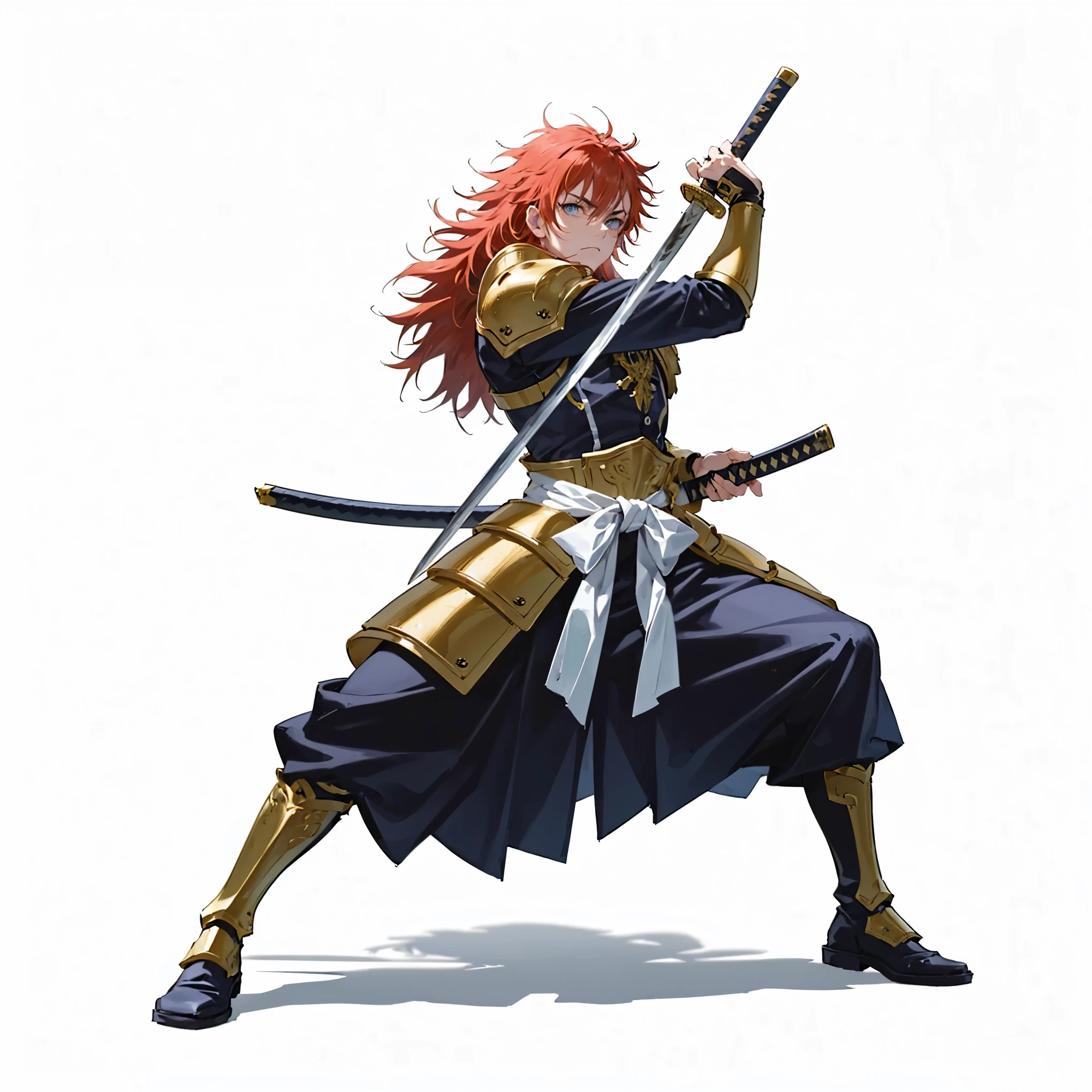 (male), (old man), (slim body), (red hair), (long messy hair), (blue eyes), (stern expression), (solo), (single character), (full body version), (white background), (no background), (highly detailed), (shadow), (stand pose), (natural light), (detailed outfit), (detailed hand), (detailed face), (detailed hair)
Commander samurai outfit, golden trims on the shoulder guards, layered armored skirt, ornate chest plate with emblems, white waist sash, and tall armored boots. Katana in hand, (jujutsu kaisen style art)