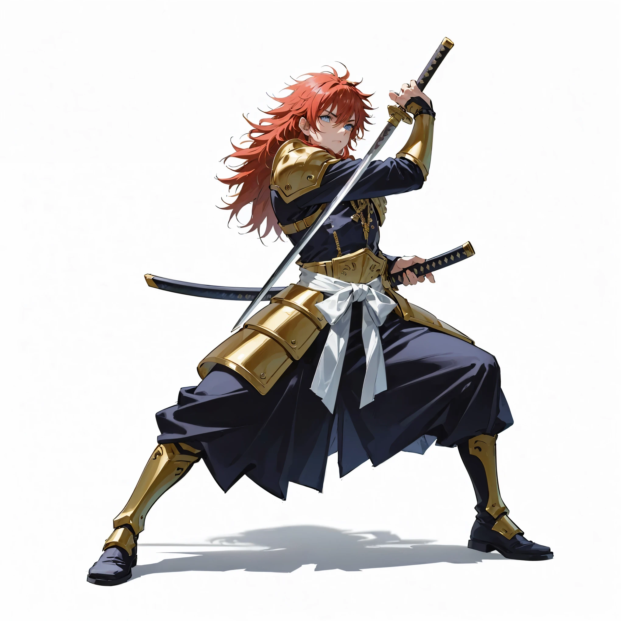 (male), (old man), (slim body), (red hair), (long messy hair), (((blue eyes))), (stern expression), (solo), (single character), (full body version), (white background), (no background), (highly detailed), (shadow), (stand pose), (natural light), (detailed outfit), (detailed hand), (detailed face), (detailed hair)
Commander samurai outfit, golden trims on the shoulder guards, layered armored skirt, ornate chest plate with emblems, white waist sash, and tall armored boots. Katana in hand, (jujutsu kaisen style art)