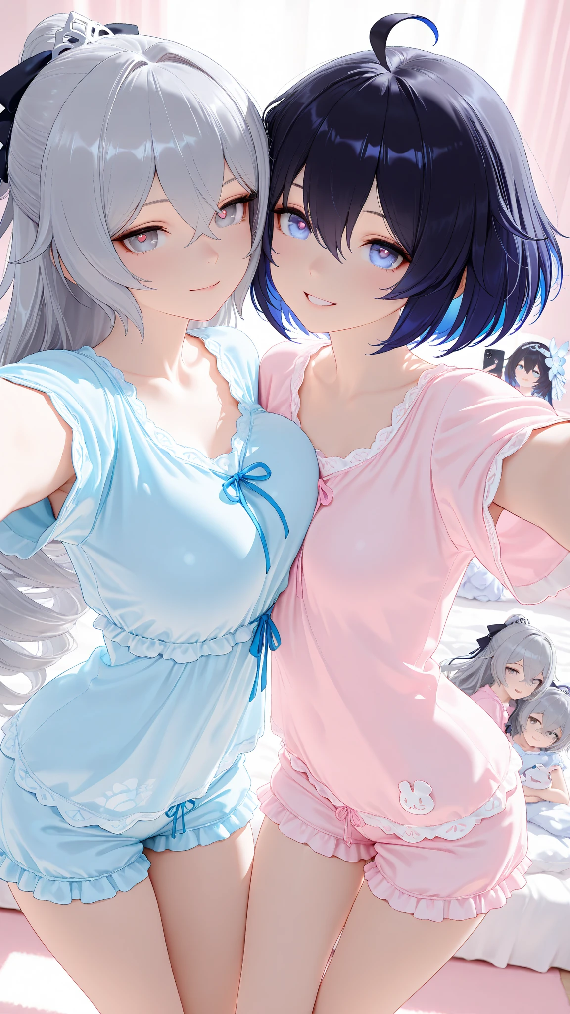 front view,2girl,Beautiful girls aged 10 and 10,two people standing side by side,Japanese,Small and slim,Flat Chest,Small breasts,Baby Face,Small face,Row Twin Tails,Gray Eyes,Drooping eyes,middle School girls,Sheer nightgown,lingerie,open mouth,tongue out,front face,Kneeling and sitting,Beautiful and detailed anime art,puzzled look,front view,high angle, looking at viewer, looking ahead, from above,face focus,Sexy vibe,cum on tongue,Dimly lit room,On the bed
