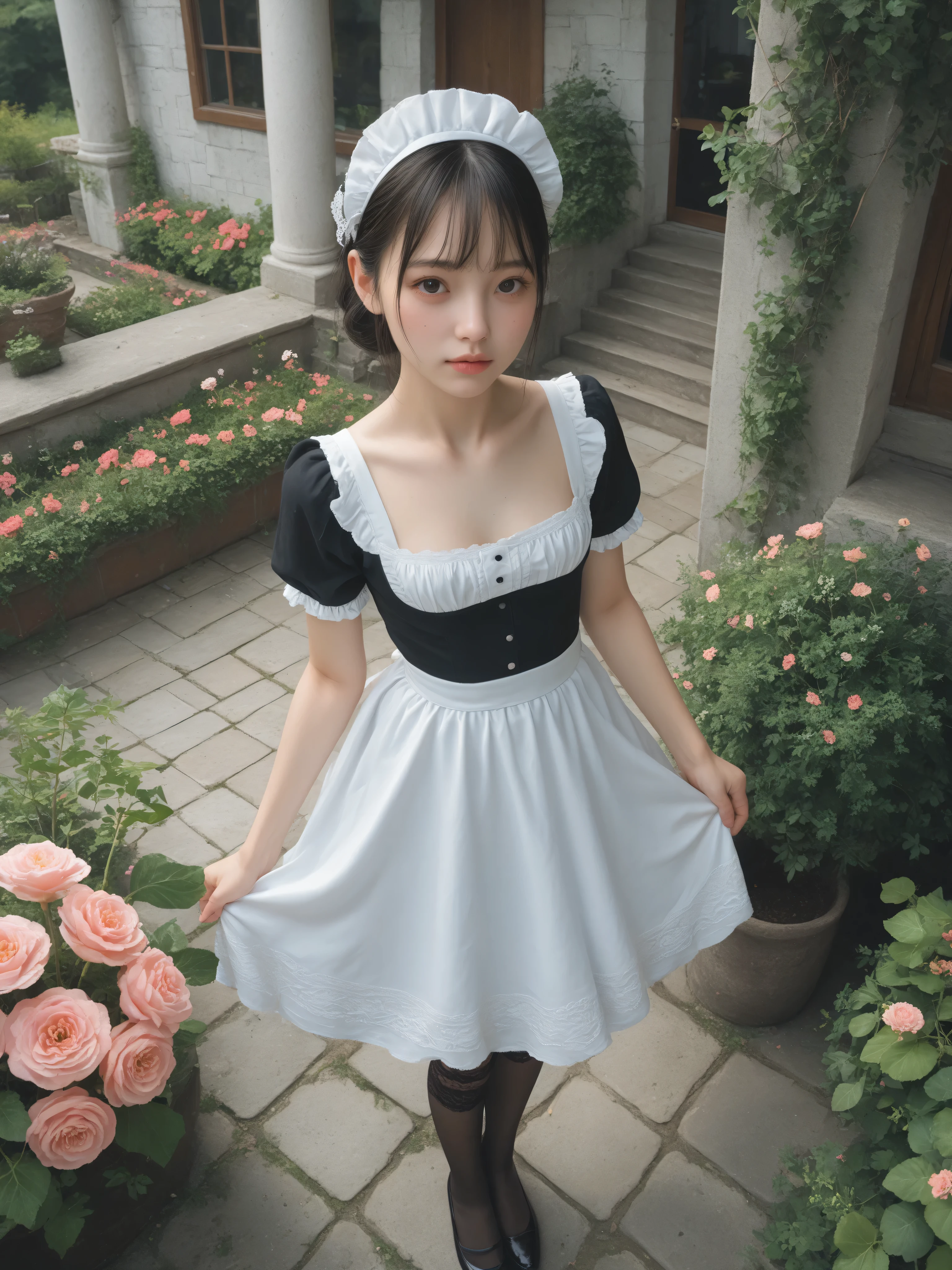 one girl、maids,Look at the audience,(skinny:0.96),(younger:0.55),from above,slouches forward,(big :0.16),Watering flowers outside the mansion,japanese,(Smile Yang:0.19),black lace stockings