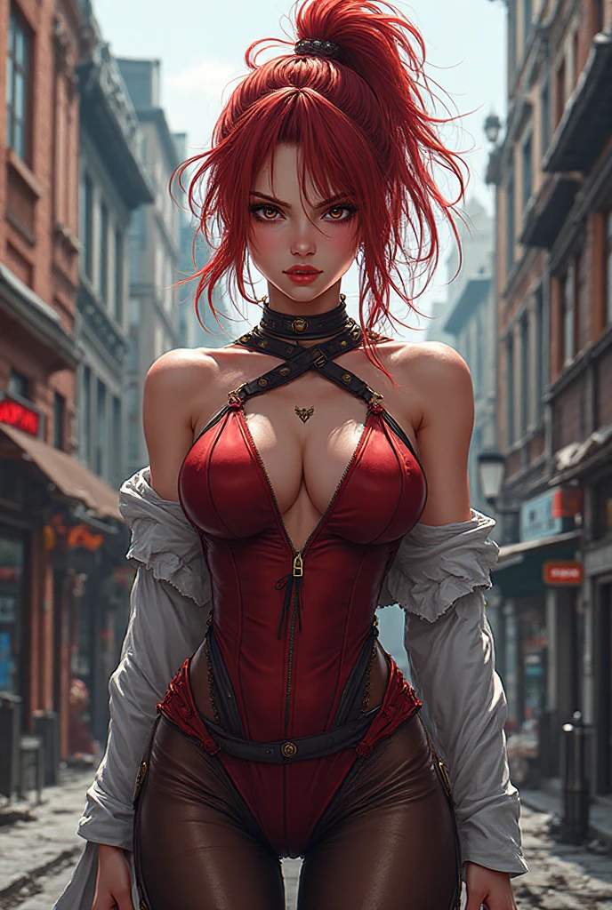 (Masterpiece quality), (ultra 4k quality), (large beautiful eyes), (((high facial definition))), (((face well illuminated))), (((beautiful elegant pose))), (((beautiful face))), (((full red lips))), (((viewed from front))), (cinematic lightning), (((smooth body lines))), (((NORMAL ANATOMY))), (((feminine build)), (((a beautiful lone adolescent girl))), (((she is a loose white tunic with lace up front and stomach exposed and a pair of leather pants))), (((no bare skin))), (((she has short bright red hair worn down))), (((she is standing alone in a medieval village in a sultry pose))), (((slender hips))), (((medieval themed fantasy clothes))), (((bright emerald green eye color))), (((fully clothed))), (((high detail clothing))), (((no headwear))), (((she is carrying a leather-bond spellbook under one arm))), (((brown leather pants)))