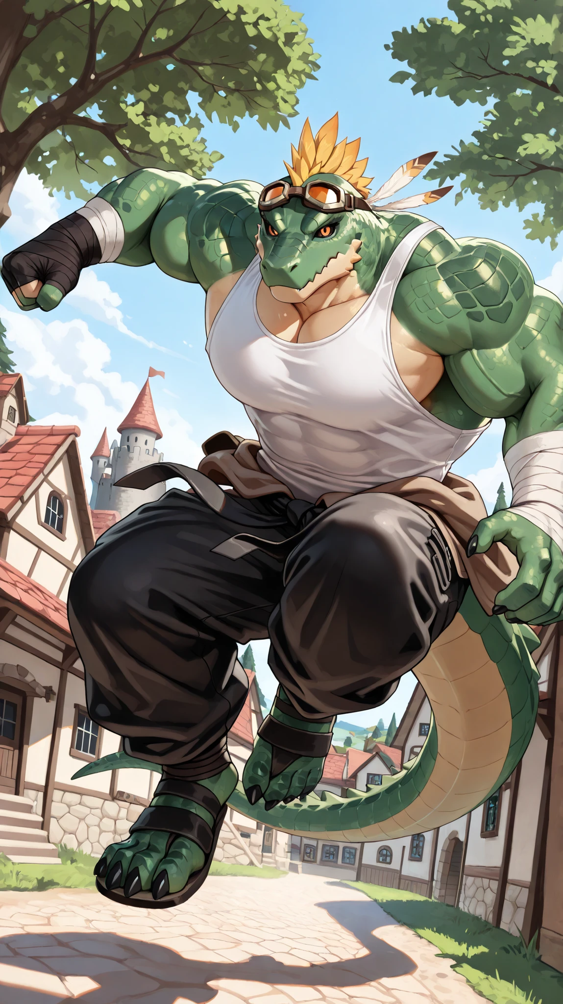 Lizardman, tank top, bandages on hands, (bulky build) ((Fantasy Castle Background)), (((Sunny day background))), outside, Town village houses, tree, green scales, (darker green scales on shoulders), (black sclera), amber eyes, green body, beige front body, crocodile tail, crocodile sculpt, muscular build, huge biceps, big pecs, abs, (8k, by null-ghost, HD, masterpiece), white tank top ,loose pants, black ninja pants, (Foreleg armor), sandals, goggles, yellow feather hair, tied feather hair, feather mohawk, looking down on viewer, forearm wraps, handwraps, lizard feet, black claws, (goggles above head), dashing, (dynamic pose, flex)