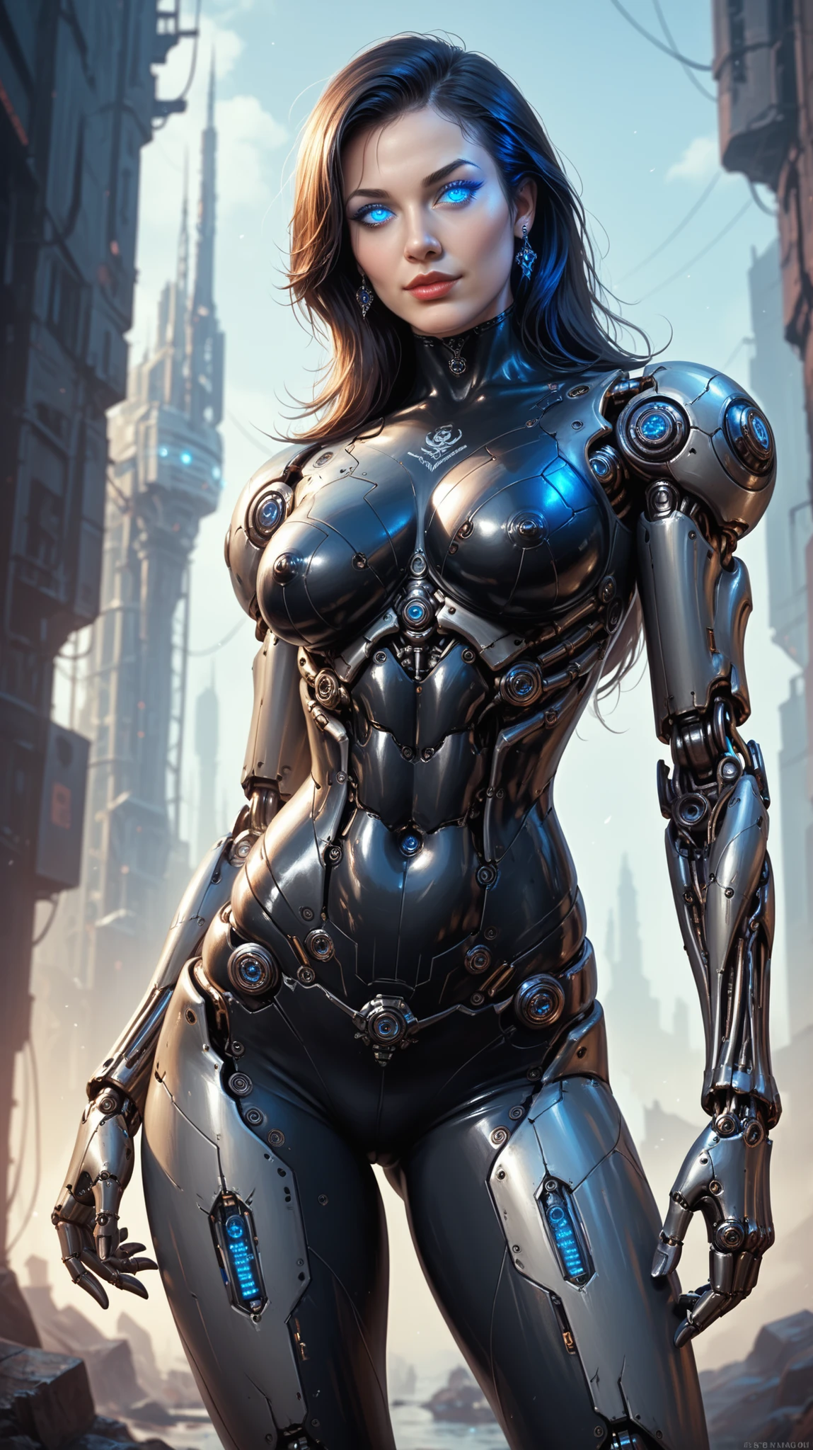 Realistic image, photorealistic, high quality, realistic,
(Image of a robot with a cybernetic imitation of a curvy female body with large cybernetic breasts), taken from mid-height.
Cybernetic head - Nicole Kidman's face, long hair, glowing eyes, blue eyes,
Cybernetic body - mechanical joints, (no human skin, only cybernetics), (no organic parts, only cybernetics), cybernetic body in dark colors, (no clothes, she has a completely cybernetic body),
Gothic sci-fi, dark fantasy, dark sci-fi, gothic fantasy,