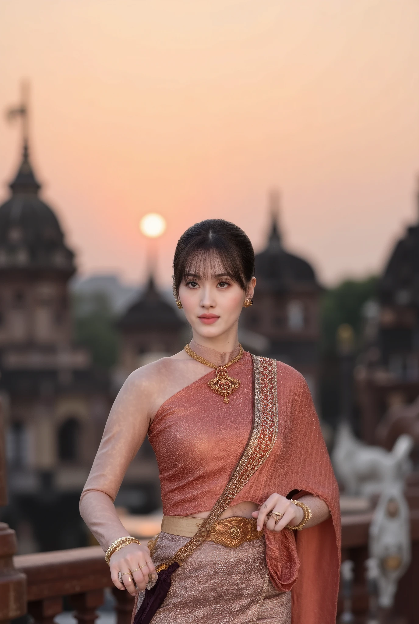 A realistic, high-resolution, full-body photograph of a beautiful young woman A sharp-looking Asian woman with low, soft waves and a one-shouldered Thai dress in copper-terracotta embroidered with bronze silk and a silk brocade skirt with sparkling flowers, Standing in semi-profile on a pagoda balcony, hands lifting the flowing sash, her eyes soft and deep, A large pagoda and a row of surrounding pagodas under a setting orange-purple sky. Thin incense smoke drifts through the old brickwork in background, Warm key for prominent fabric textures and a sun-lit backlight creating outlines. 35mm lens, medium wide-angle, 8K, dramatic warm tones, the image appears realistic. feel with a shallow depth of field, focusing sharply on the woman and the wolf. The overall atmosphere is mystical and powerful, with a professional, editorial quality. --ar 9:16