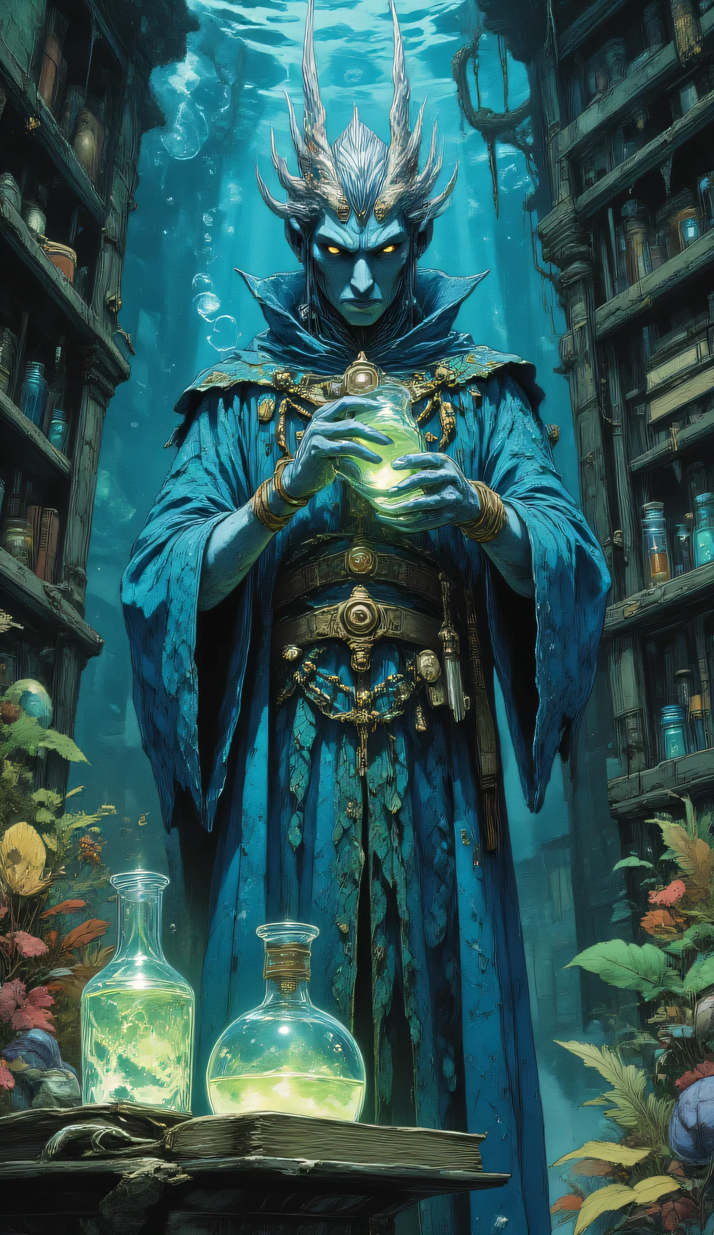 Triton, head fins, gills and fins, scales, 1man, 1male, 1boy, solo, blue skin, red hair, yellow eyes, alchemist, standing, underwater laboratory, glowing potions, ancient books, strange aquatic plants, with shimmering scales reflecting bioluminescent light, wears alchemical robes adapted for underwater life, decorated with coral shells and brass instruments, bubbles drift around, mixes a glowing liquid in a crystal flask, mystical scientific atmosphere, fantasy, highly detailed, cinematic lighting, ethereal mood, ultra-realistic textures, depth of field, fantasy concept art
