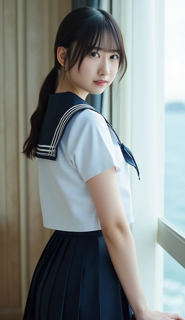 (Best Quality, 8K, 32K, masutepiece, nffsw:1.2), (Raw photo), (Realistic), (Photorealistic:1.2), (High resolution), Ultra-detailed, Extremely beautiful face & Eyes, 1girl in, (Lori, 14 years old:1.2), Young Woman, round small face, thin waist, huge-breasted, slim proportions, (japanese sailor suits, sailor fuku, serafuku, Japanese school sailor uniform, darkblue pleated skirt:1.27), (From below, White , :1.24), ((((((()))))inside the cockpit of a spaceship)))))、(((((weightless)))))