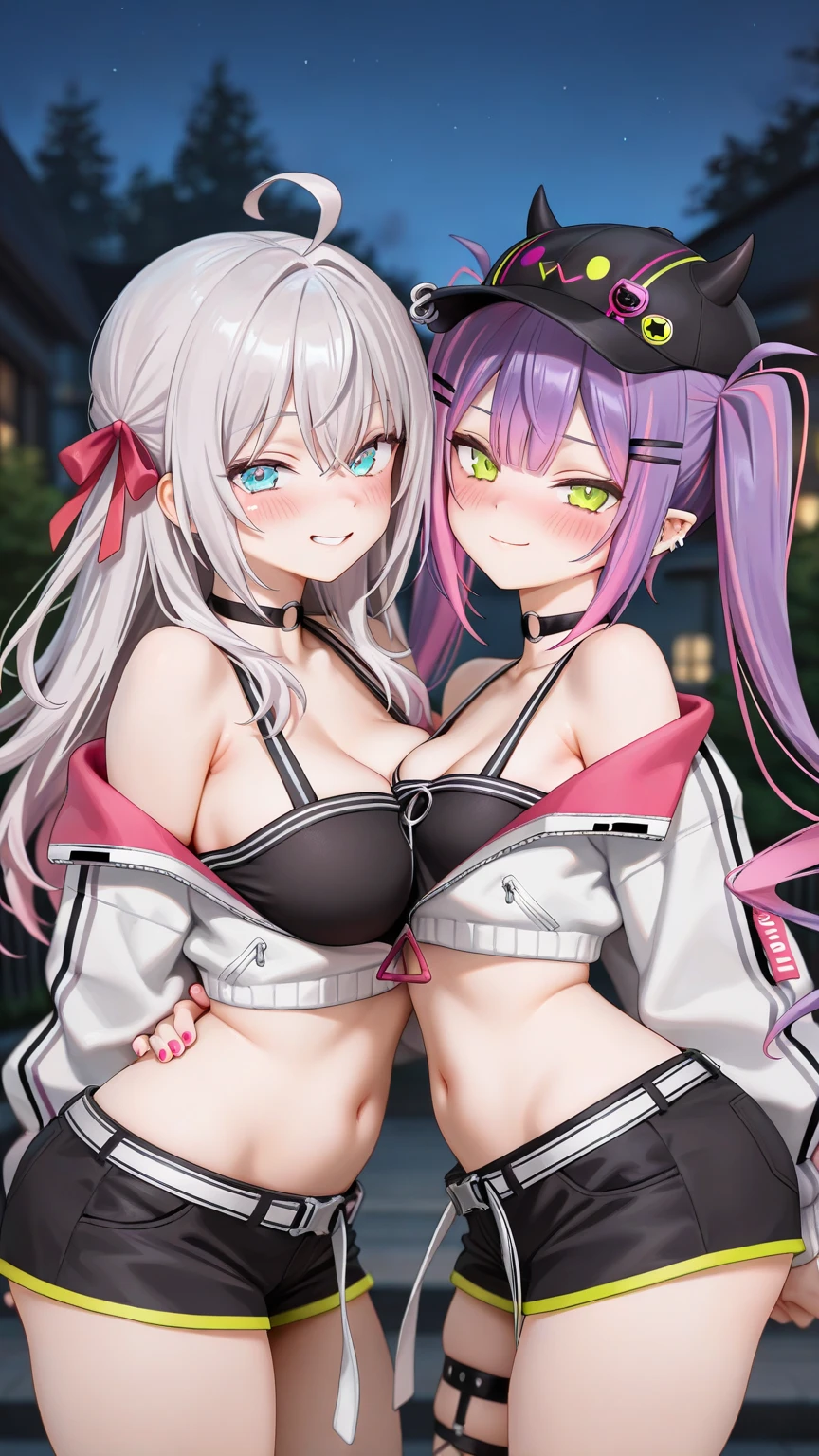 ((1girl)), ((solo)), ((1 panel)), ((minato aqua:1.3, hololive)), ((height 148cm)), ((weight 44.5kg)), long hair, multicolored hair, twintails, colored inner hair, purple eyes, anchor symbol, blue hair, two-tone hair, braid, bangs, drill hair, twin drills, hair ribbon, purple hair, ahoge, streaked hair, evil happy smile, uncensored, , evil happy smile, :1.1, petit:1.1, short body:1.1, short arms:1.1, short legs:1.1, short height:1.2, being stumpy:1.3, (( forwards deeply:1.3)), (( focus from directly facing:1.2))), (((various designed black off shoulder triangle :1.3))), very soft , very soft hip, double breasted, under bust, ((top down, hip up)), arms down forwards, glossy skin, shiny skin, shiny clothes, oiled skin, oiled clothes, sweat a lot, wet body,  arms and elbow Squeeze, ((((She asks the viewer to   and approaches her with a evil happy smile)))), strap pull down, ((looking down on the viewer)), upper body, close up cleavage focus