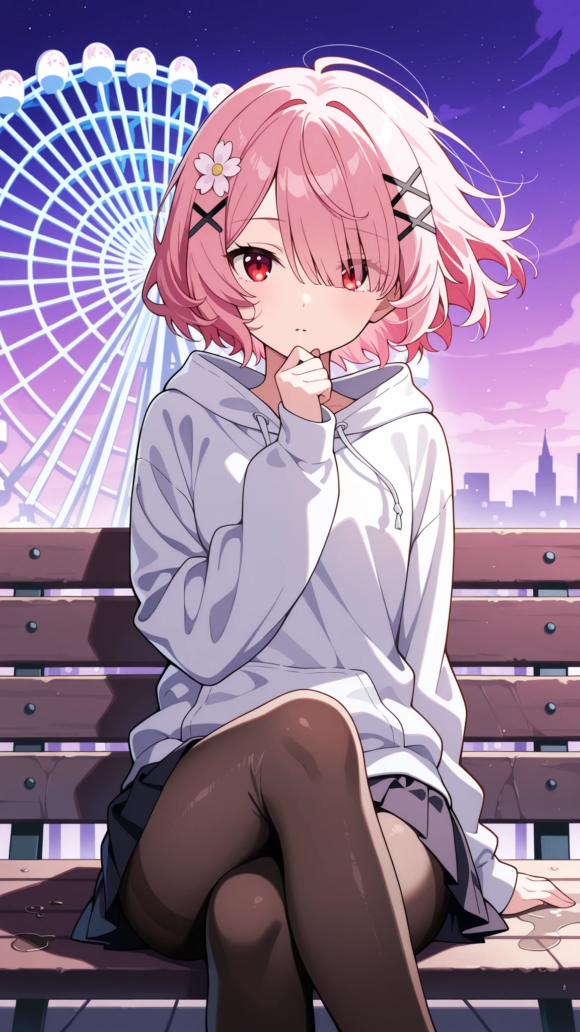 BREAK (masterpiece:1.2),Massive ferris wheel glowing against a violet sky,
reflections shimmering on wet pavement,
distant sound of mechanical creaks,
soft fog surrounding the lower cabins,
melancholic yet peaceful tone, ram, hair flower, hair ornament, hair over one eye, pink hair, red eyes, short hair, x hair ornament,long oversized hoodie in muted lavender,
black pleated skirt and tights,
wind slightly moving her hair and clothes,
soft melancholy under ferris wheel glow
,looking at viewer,cowboy shot,floating hair,wide-angel,sitting gracefully, seductive pose, crossed legs, slightly arched back, high detail, 4k illustration,sitting on bench