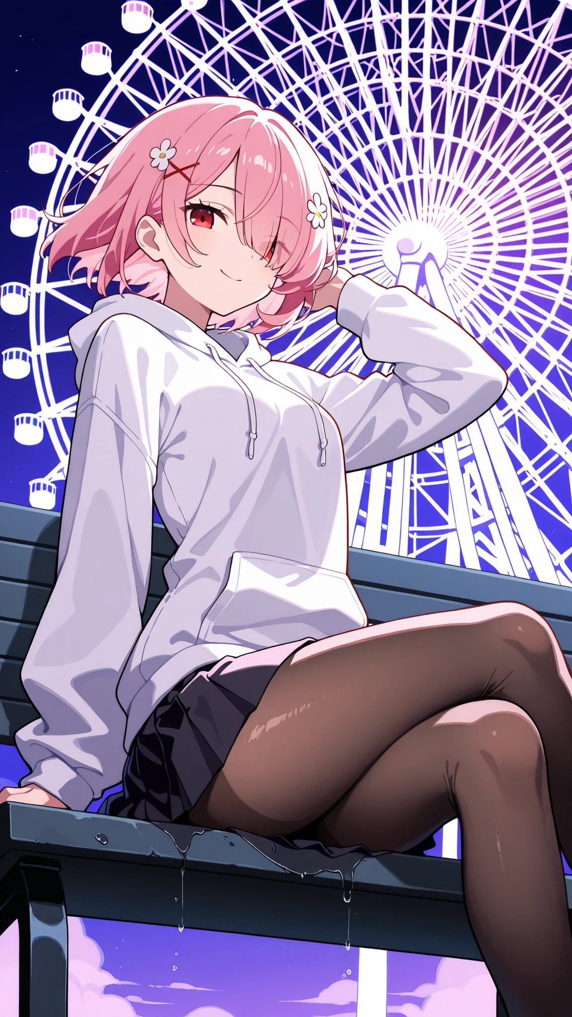 BREAK (masterpiece:1.2),Massive ferris wheel glowing against a violet sky,
reflections shimmering on wet pavement,
distant sound of mechanical creaks,
soft fog surrounding the lower cabins,
melancholic yet peaceful tone, ram, hair flower, hair ornament, hair over one eye, pink hair, red eyes, short hair, x hair ornament,long oversized hoodie in muted lavender,
black pleated skirt and tights,
wind slightly moving her hair and clothes,
soft melancholy under ferris wheel glow
,looking at viewer,cowboy shot,floating hair,wide-angel,sitting gracefully, seductive pose, crossed legs, slightly arched back, high detail, 4k illustration,sitting on bench,from below,sexy pose,smile,focus on legs,