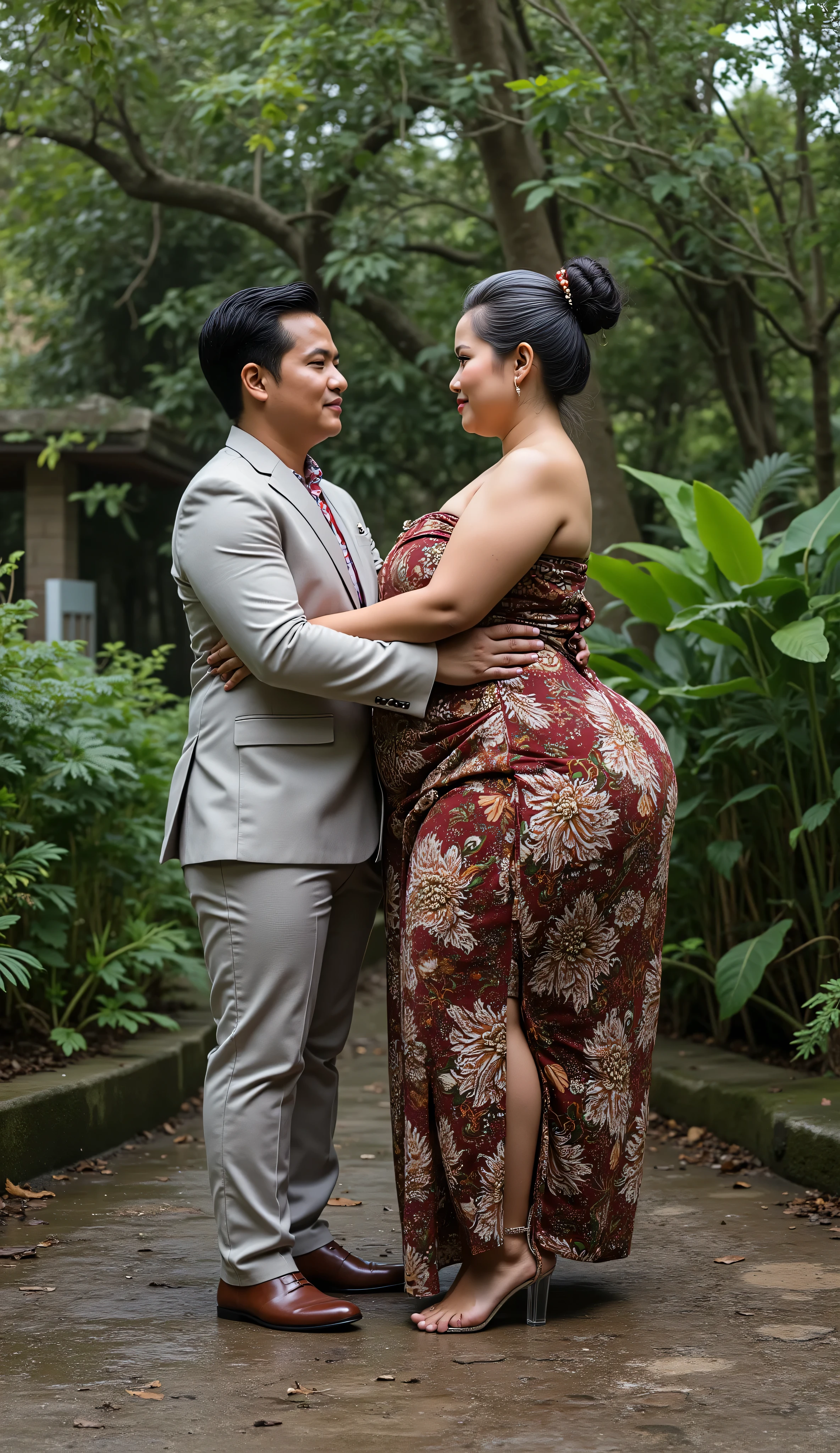 A Javanese attractive mature woman with a provocative curvaceous body, realistic big breast and nipples, is 60 years old and has a figure with prominent curves, a plump with perfect proportions curves, generous curves and plus-size, a body with an hourglass figure, her voluptuous wide hips harmonize with slender wasp waist, with wide legs and wide thighs well-shaped, and her butt in good shape, plump and shaped buttocks. She has characteristics typical of her age, slight wrinkles on her face and gray hair, long hair with an elegant Javanese Bun style hairstyle, has beautiful and fine facial features. She wear a long and loose batik kemben dress and wear transparent glass heels. She is in a beautiful garden adorned for a wedding, she is a bride for her young son who is tall and thin, 20 years old. He was wearing a casual suit and had black hair, He is next to her, look face to face , he holds her with passion and places his hand close to her buttocks. they was captured is a modern hyperrealistic cinematic style, captured on a full body overview, with hyperrealistic details and good focus quality.