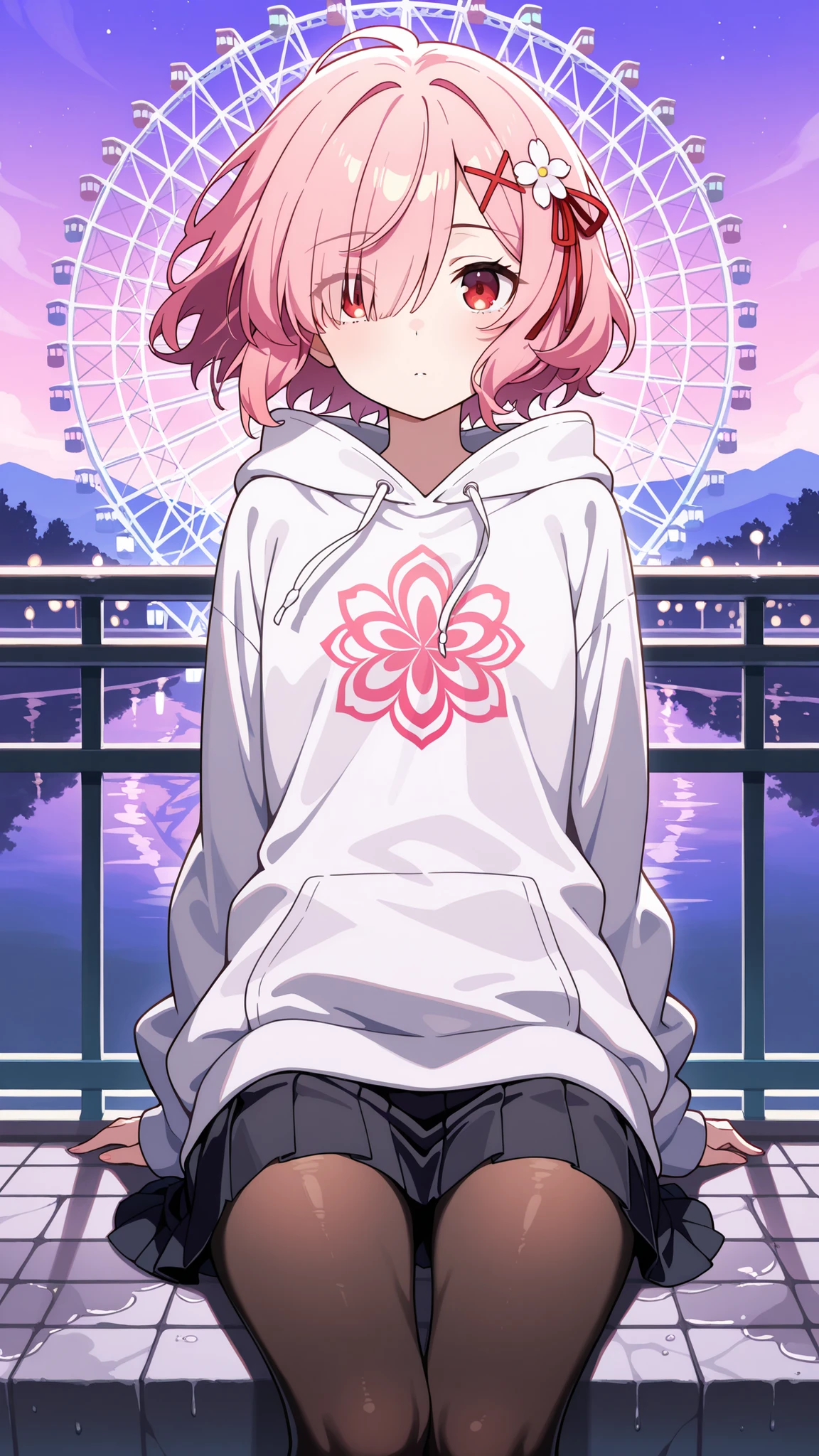 BREAK (masterpiece:1.2),Massive ferris wheel glowing against a violet sky,
reflections shimmering on wet pavement,
distant sound of mechanical creaks,
soft fog surrounding the lower cabins,
melancholic yet peaceful tone, ram, hair flower, hair ornament, hair over one eye, pink hair, red eyes, short hair, x hair ornament,long oversized hoodie in muted lavender,
black pleated skirt and tights,
wind slightly moving her hair and clothes,
soft melancholy under ferris wheel glow
,looking at viewer,cowboy shot,floating hair,wide-angel,sitting sensually, suggestive posture, leaning back with hands behind,ultra detailed, 4k, sexy pose,focus on legs,