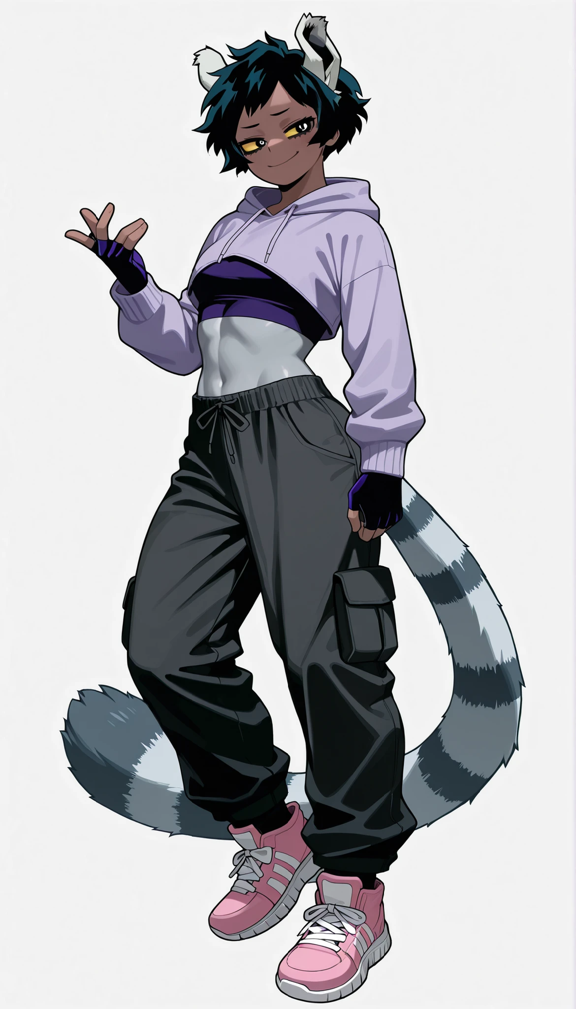 ((Highest Quality))), ((Simple light grey background)), (((My Hero Academia Style))), 1female, female, 1girl, solo, Standing, flat breast, hips, thighs, shins, full body, athletic body, black hair, short hair, pixie cut hair, parted bangs, dark grey fur skin, dark grey fur-skinned, dark grey fur-skinned female, yellow sclera, black pupils, lemur girl, lemur form, lemur monster, fur girl, lemur tail, long tail, purple cropped hoodie, midriff, long sleeves, loose black cargo pants, pink sneakers, sneakers, black fingerless gloves, smirk, smug, fur face, ((lemur face)), lemur ears,