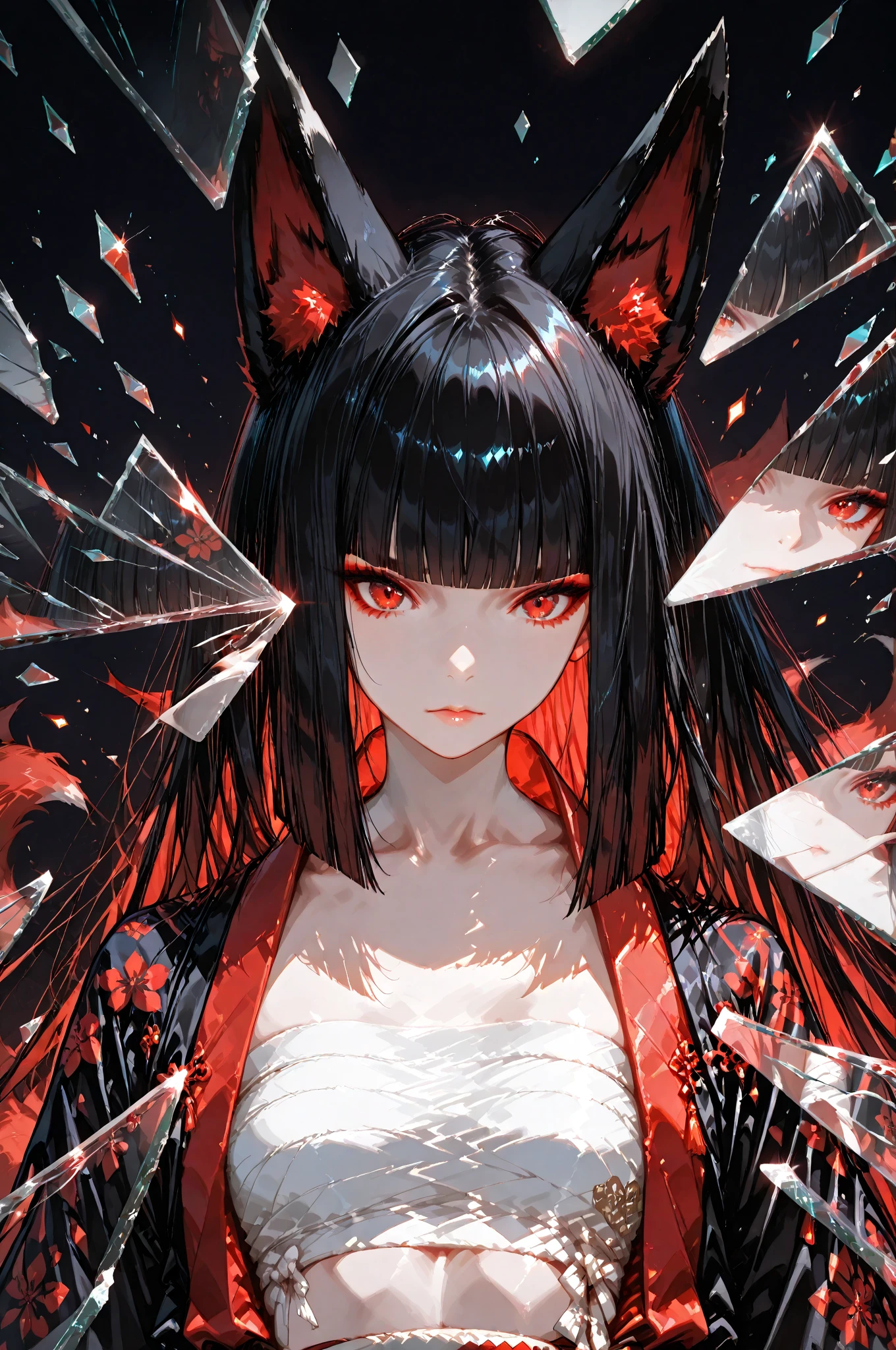 glass shards, reflection, broken glass,<Akakitsune>, fox_ears, red_eyes, long_black_hair, blunt_bangs, white_sarashi_top, japanese_open_clothes, upper body, front view, dark background, (masterpiece:1.3, 8k:1.3, highest quality:1.3, detail:1.3, high resolution:1.3, dramatic lighting:1.2, ultra detailed)