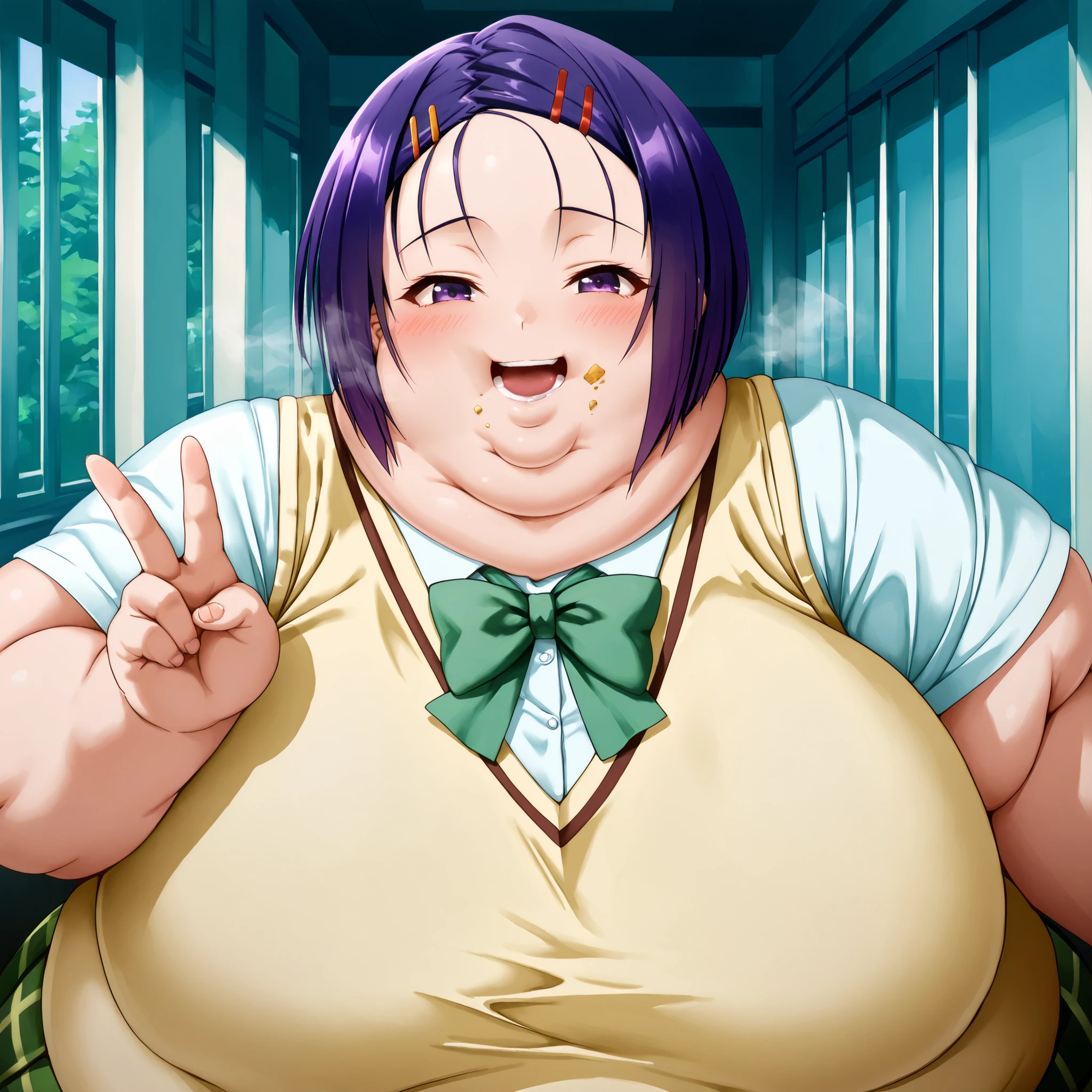 harunasairenji, 
haruna sairenji, hair ornament, hairclip, purple eyes, purple hair, short hair, swept bangs, forehead,
green skirt, plaid, plaid skirt, sainan high school uniform, school uniform, skirt, sweater vest, yellow sweater, short sleeves
,masterpiece,best quality,amazing quality,bulging belly, fat, chubby, obese, open mouth, out of breath, absurdres, portrait, pov belly, swollen face, masterpiece, best quality, ultra-detailed, high resolution, 8K, food crumbs on face, half closed eyes, smile, v sign, peace sign