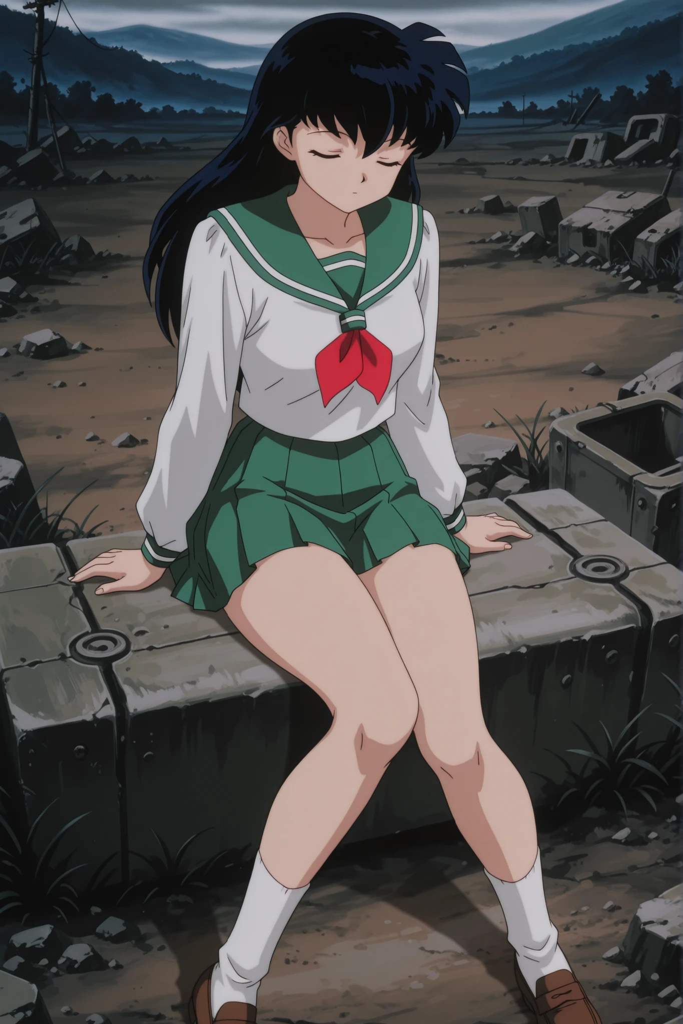 masterpiece,best quality,amazing quality, higurashikagome, masterpiece, best quality, amazing quality,, kagome higurashi, long hair, black hair, retro artstyle, brown eyes, anime screencap, skirt, shirt, long sleeves, school uniform, white shirt, pleated skirt, serafuku, , , green skirt, ,, wasteland, barren, dry, post apocalyptic, desolate, , , cute 🥰, , solo,, cowboy shot, solo , green panyhose , full thighs with green panyhose, sleeping on her face, her hips and thighs up, white socks, loafers, , closed legs, , sitting on Inuyasha's lap
