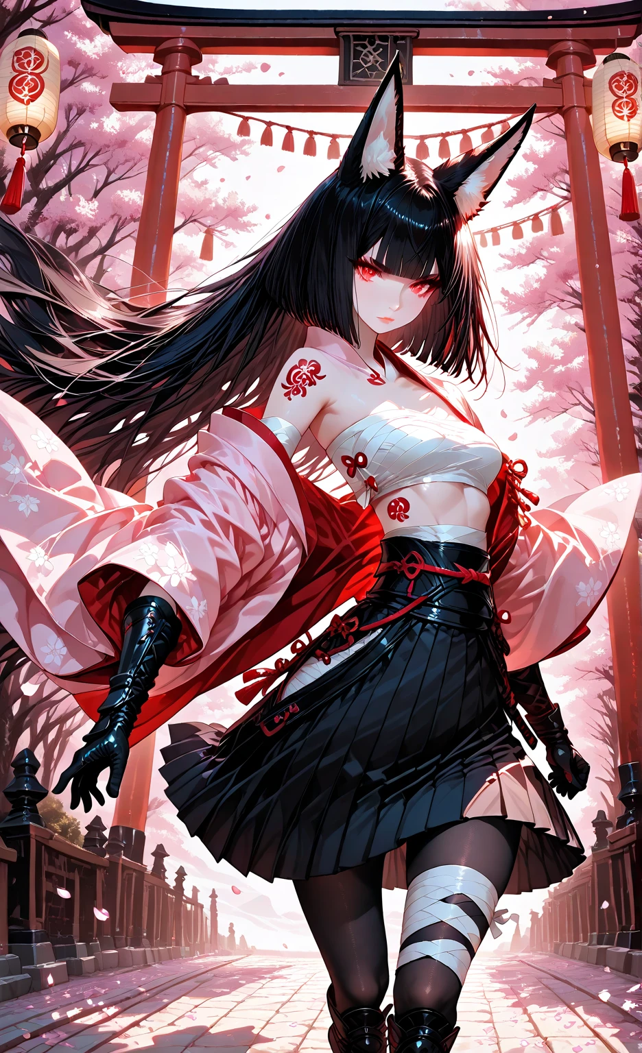 best quality, masterpiece, 8k wallpaper, anime style portrait, fox girl, red sharp eyes, detailed iris, thick eyelashes, eye reflections, long flowing black hair with straight bangs, flawless pale skin, white sarashi wrappings, revealing traditional Japanese clothing, black pleated skirt, arm bandages, black combat gloves, bandaged thigh, black pantyhose, combat boots, strolling confidently, majestic pink sakura trees in full bloom, petals dancing in wind, historic Japanese village, paper lanterns, torii gate in distance, afternoon golden light, cinematic shadows, peaceful ambiance, feudal Japan setting