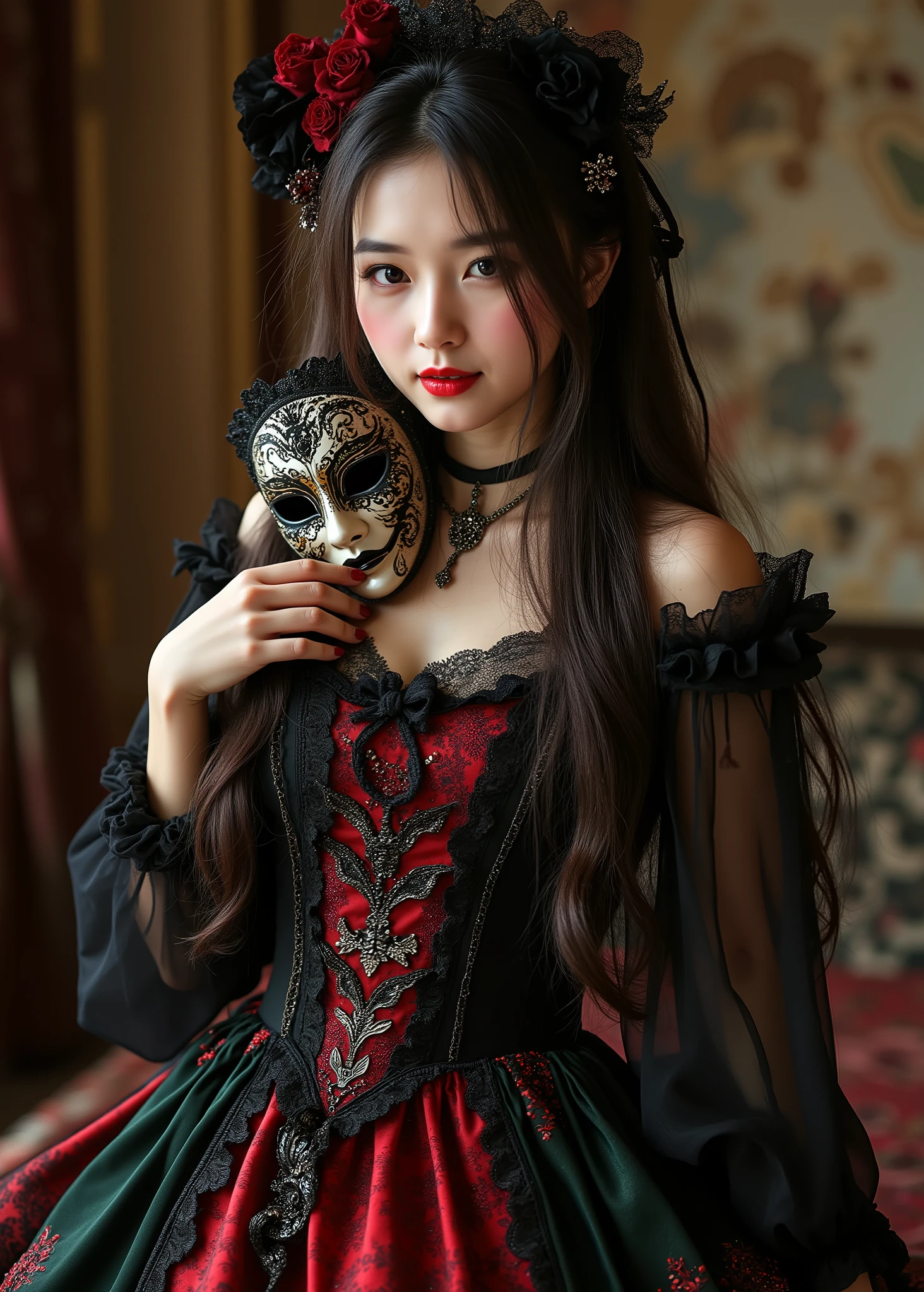 cute slim girl , Removing a Venetian Mask, Holding a Mask in Her Hand、Smile Yan、Black, Red, and Dark Green Gothic Dress、white, smooth skin、small breasts、Woman's Curvy body、(Full body photo、Mahiru Full Body Shot、body)、High Quality、16k