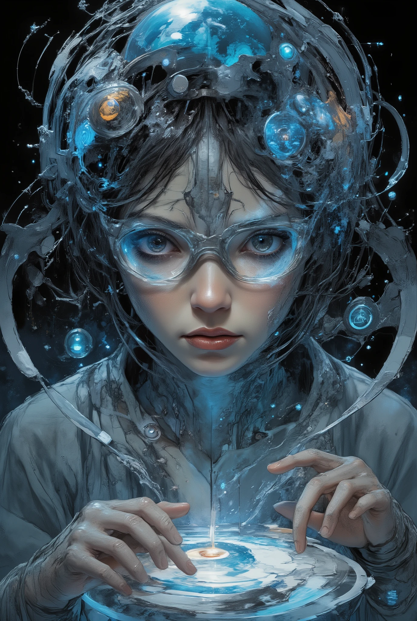 detailed photograph, a girl with techno glasses is typing on a holographic screen, In the background images of the Earth and lines of code flying in electric air, atmosfera tetra, delicately detailed,capolavoro, absurdres, extraordinary quality, newest, al giorno, , angolo dinamico, angolo olandese, Close-up seen from below (Effects of movement :1.3, Effetti d'azione:1.4), relaxed expression, Perfect anatomy of a girl