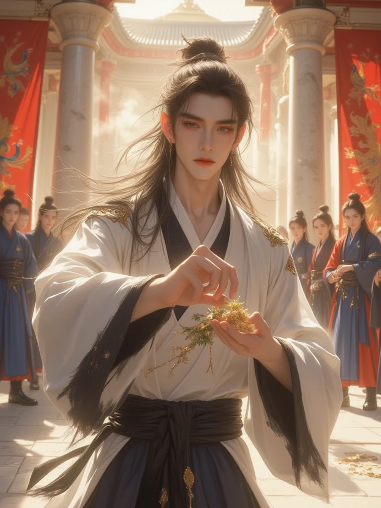 Anime men，Handsome，Daytime scene，standingn，Hanfu，short haircut，Infirmary，