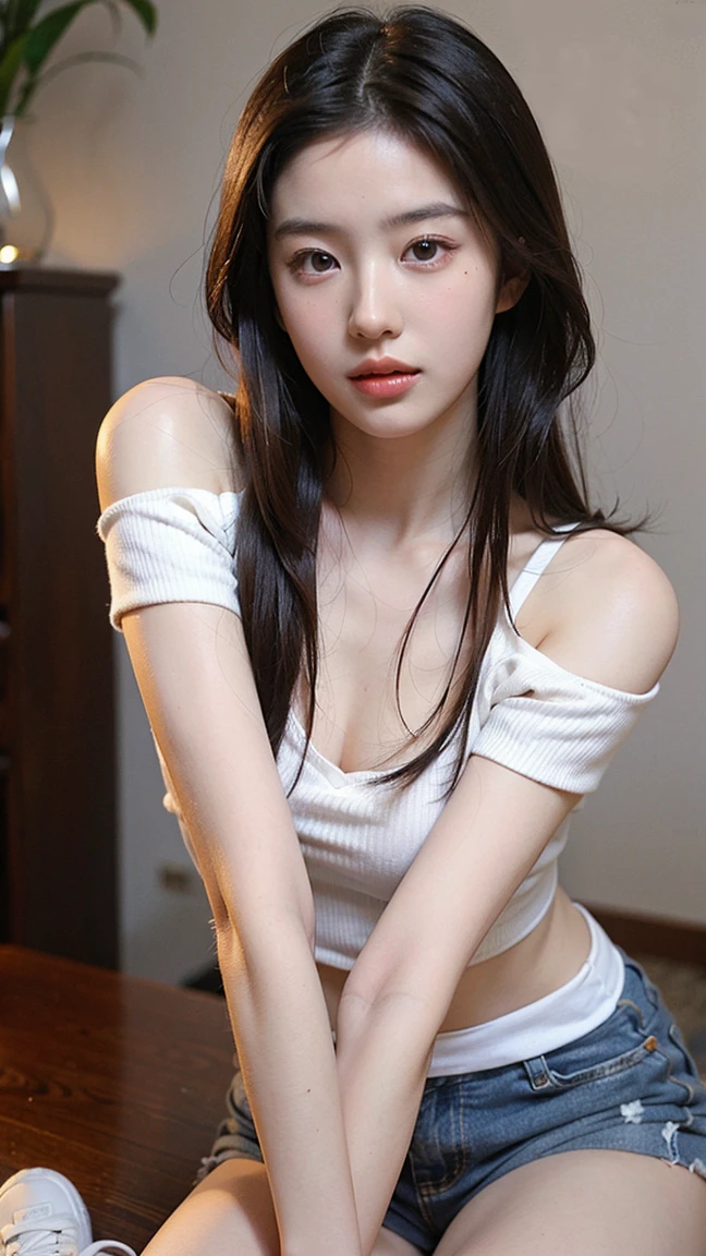 Best Quality Detail:1.2, realisitic, 8K UHD, hight resolution, 1girl in:1.2, The ultra-detailliert, High quality textures, intricate detailes, detaileds, Very detailed CG, High quality shadows, Detail Beautiful delicate face, Detail Beautiful delicate eyes, depth of fields, Ray traching, Women over 24 years old, Pretty Kpop Girl, Korean Urzan Face:1.1, Slender face, ulzzang -6500-v1.1:0.6, pureerosface_v1, gloweyes, teak, Glossy lips, perfectbody、Wearing a high school uniform、Impossibly short skirt、Very very cute face、Wearing a Y-shirt,(ふしだらなＹNavy blue long pleated skirt over shirt、Underwear under clothera very、panties on)、fascination pose、sitting on,Legs wide open、((The skirt is flipped up and the panties are visible:1.2,)),mekosji,Crisp focus:1.2,Cute woman with perfect body shape:1.4,The best smile,A slender,abdominals:1.2,Cameltoe,Show off panties with both legs open、Photorealsitic:1.4, ultra-detailliert, photos realistic, Full Color RAW Photos, Fuji Film(Medium format:1.2), Hasselblad:1.2, Carl zeiss:1.1, Incredible dynamic range photography(UTIL_Art by Smoose-768:1.1), hight resolution, High pixel count, clear details, crisp image, Natural color reproduction, Noise Reduction, High fidelity, qulity, Software Improvements, Upscaling, Optimized algorithms, Pro-level retouching、(((Own room)))