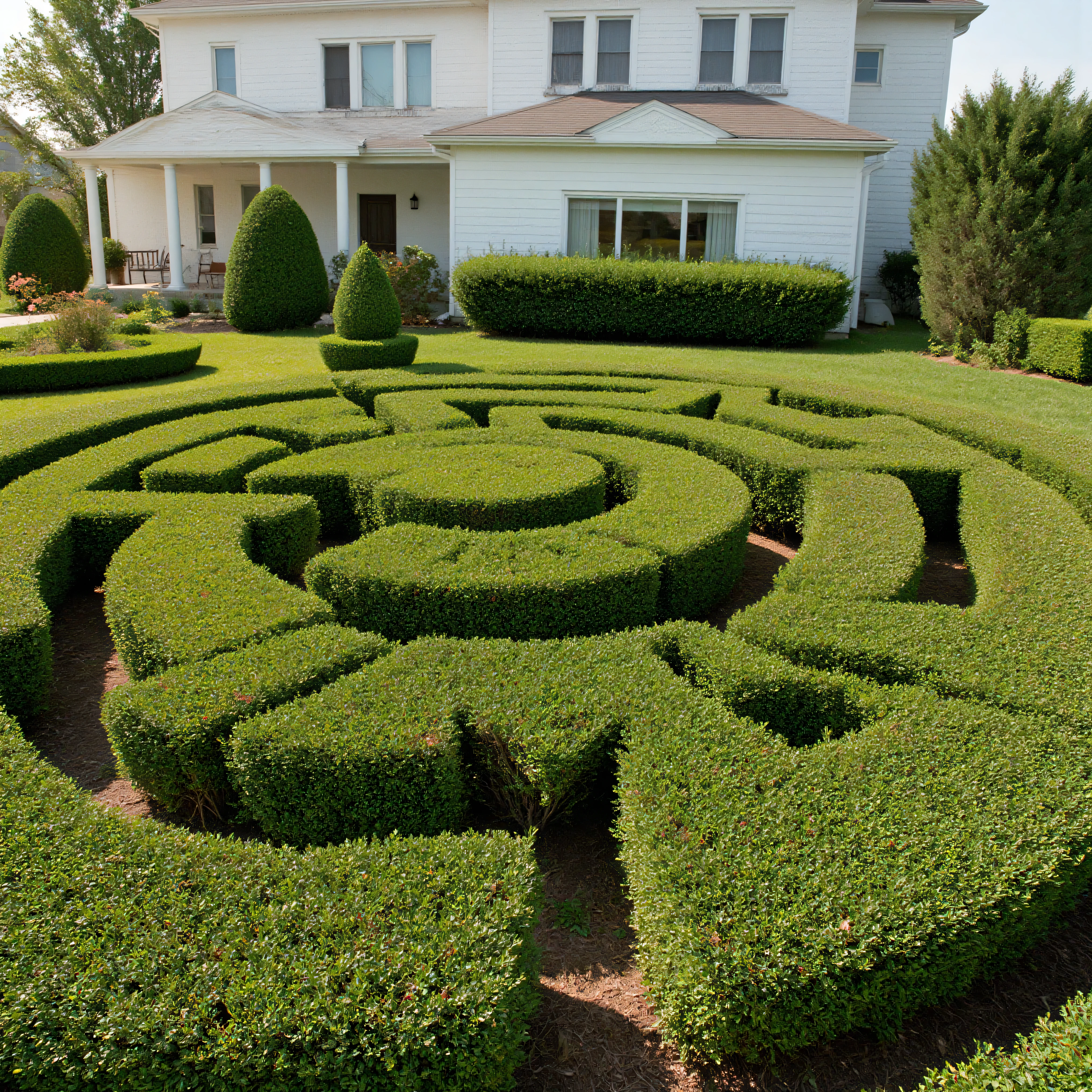 Meticulously manicured juniper bushes in the shape of q labyrinth with the words "(SPY and NOT ART are both SATAN,)" inside of it, perfect spelling, a large white two-story house in the background, icon style. Ultra-realistic, photo-realistic, cinematic photography, hyperrealistic,  3D rendered realism, UHDR, high-res, physically-based rendering, extreme attention to detail, highly imaginative,  best quality artwork.