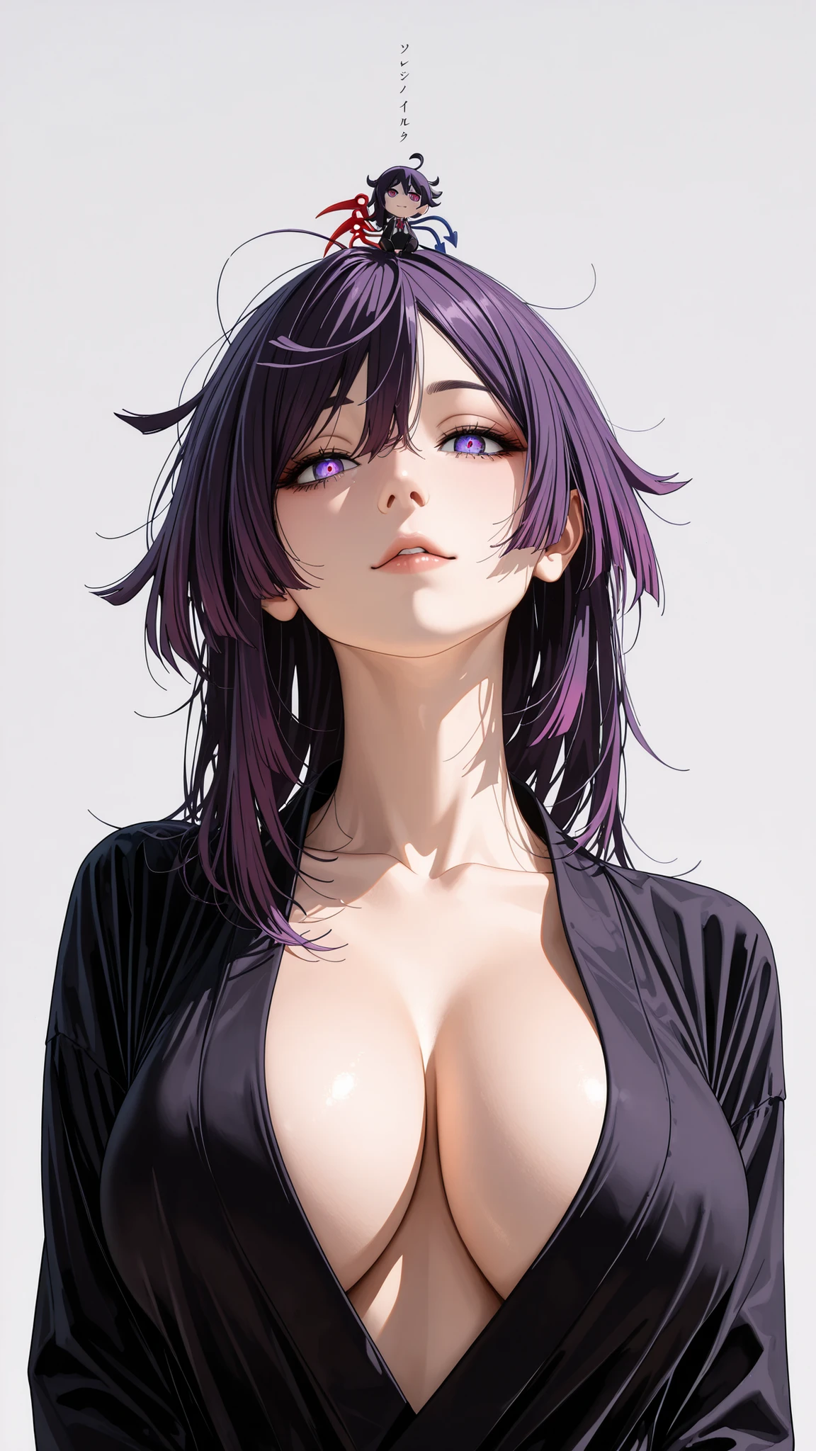 Yuzuriha in Hell's paradies, gros seins nue, totalement nue, The golden ratio, Proper composition,BEAUTIFUL ILLUST,RATION, (masterpiece, detailed:1.2), maorix,score_9, score_8_up, score_7_up, score_6_up, score_5_up, 1girl, huge tit, five anatomically correct fingers, close-up, super quality, 8k, super quality, beautiful Japanese woman, teen, 表情のclose-up, detailed eyes, careful brown iris, high resolution, Beautiful Japanese woman with big boobs standing, anatomically correct ratio :1.331, Tiny Head :1.331, Upper body angle, detailed skin, detailed face, dynamic pose, The viewer looks up at her, grey background, violet hair, tranparent violet eyes