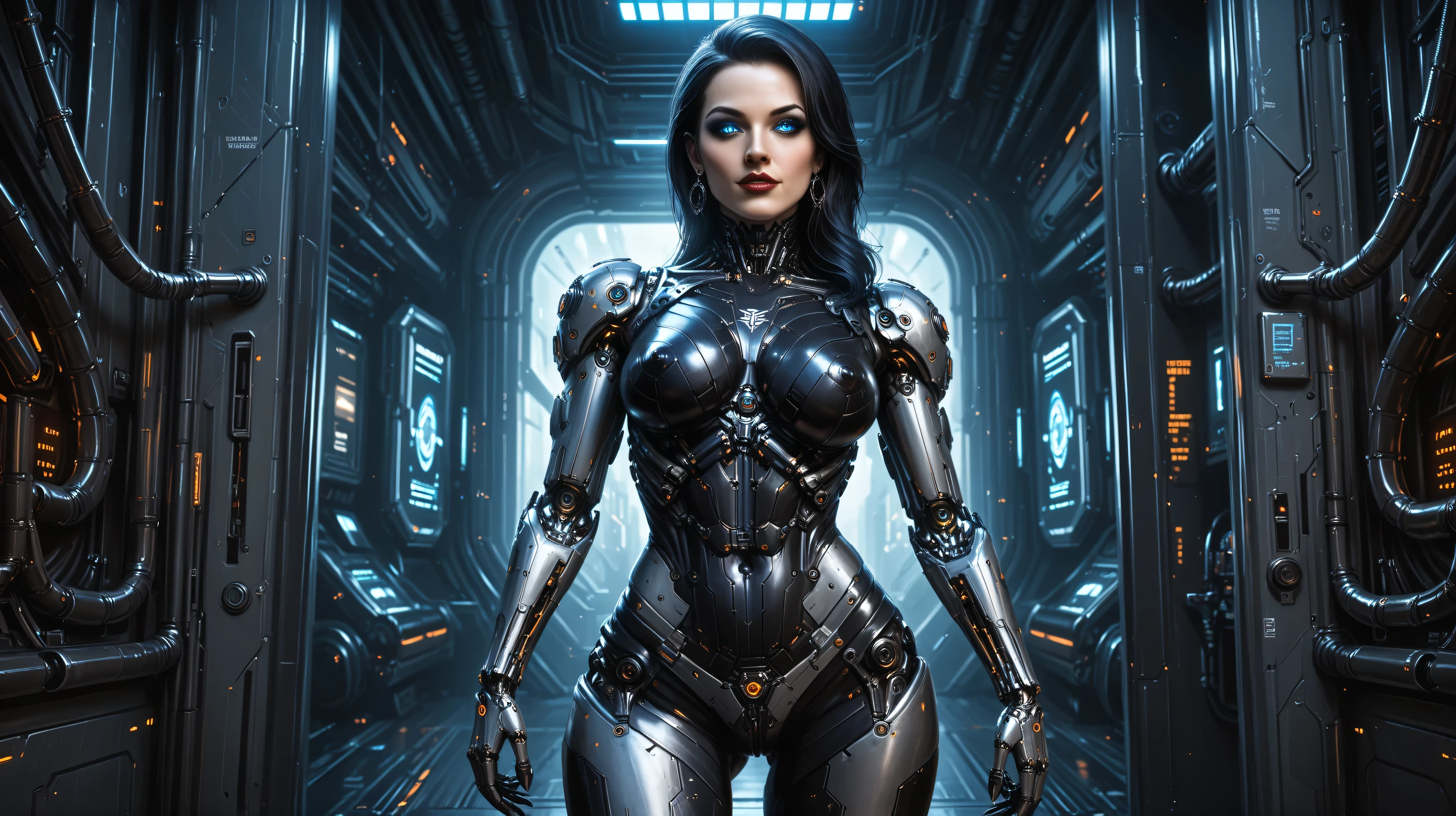 Realistic image, photorealistic, high quality, realistic,
(Image of a robot with a cybernetic imitation of a curvy female body with large cybernetic ), shot from mid-height.
Cybernetic head - Nicole Kidman's face, long hair, glowing eyes, blue eyes, makeup, dark eyeliner,
Cybernetic body - mechanical joints, (no human skin, only cybernetics), (no organic parts, only cybernetics), cybernetic body in dark tones, (fully cybernetic body),
Setting: corridor of a dark spaceship, surrounded by cybernetic devices and holograms, open space beyond the portholes,
Gothic science fiction, dark fantasy, dark science fiction, gothic fantasy,