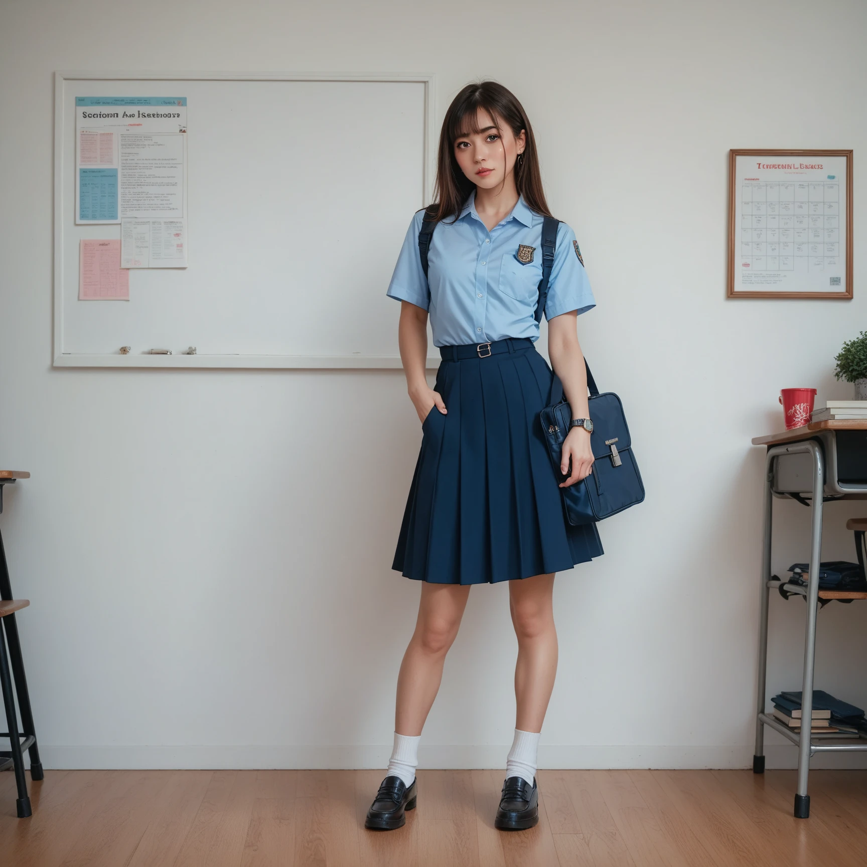 (top-quality、8K、32K、)、Photo of an attractive Japanese schoolgirl、student clothes、open white shirt、Blue 、with long coiled hair、Brown hair、Cute little turtle、A beautyful girl、（plumw）、In the classroom of the school、Skin soaked with sweat、tall、Hefty Smile， legged，Wear small white shoes
