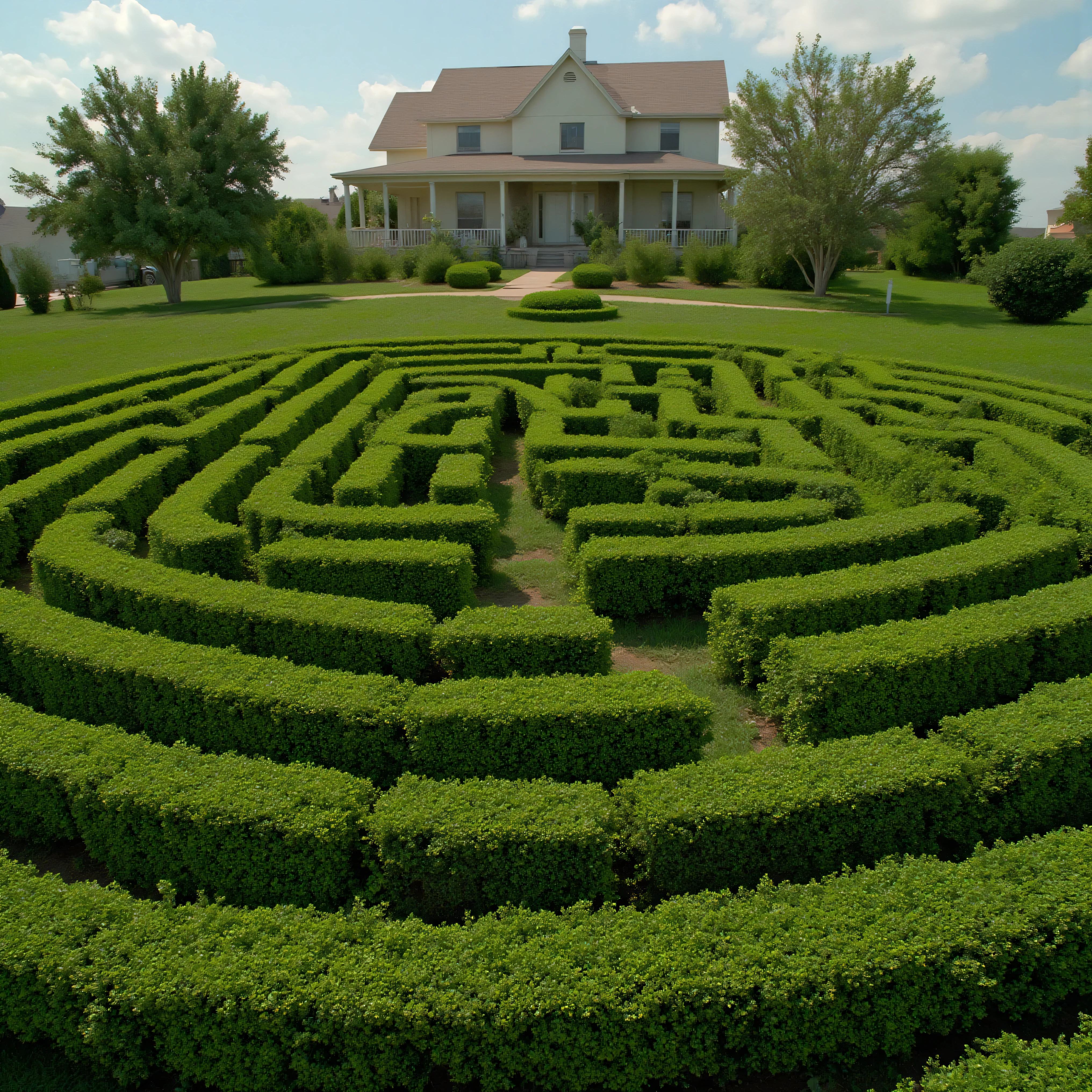Meticulously manicured juniper bushes in the shape of a labyrinth with the words "(SPY and NOT ART are both SATAN,)" inside of it, perfect spelling, a large two-story house in the background, icon style. Ultra-realistic, photo-realistic, cinematic photography, hyperrealistic, 3D rendered realism, UHDR, high-res, physically-based rendering, extreme attention to detail, highly imaginative, best quality artwork.