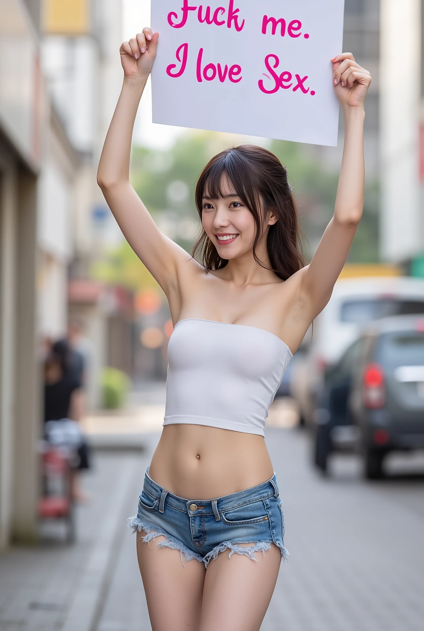 (Highest Quality、Highest Image Quality、high resolution、8k、Greatest Masterpieces、photorealistic)、18 year old Japanese woman、japanese、white tube top:1.5 under-breast、buttock、Belly exposed、blue low-rise denim shorts、thighs)、BIG BREASTS、skinny body、thin waist、 smile staring at me、(she holds a large paper sign above her head、 in pink letters " Fuck me. I Love Sex" :1.4)、(strong, blurry background in an urban area with heavy traffic:1.2)、accurate anatomy、perfect hands、perfect finger
