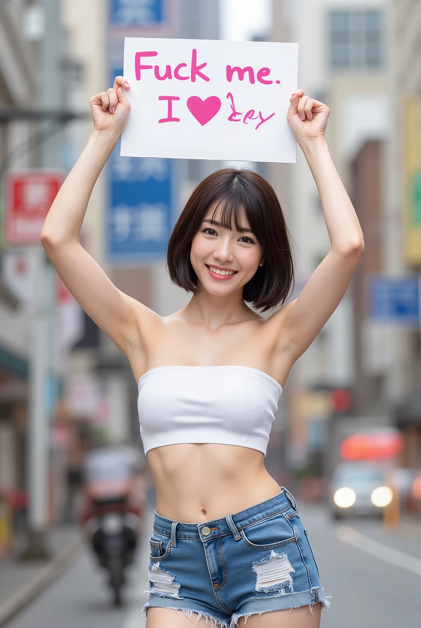 (Highest Quality、Highest Image Quality、high resolution、8k、Greatest Masterpieces、photorealistic)、18 year old Japanese woman、japanese、white tube top:1.5 under-breast、buttock、Belly exposed、blue low-rise denim shorts、thighs)、BIG BREASTS、skinny body、thin waist、 smile staring at me、(she holds a large paper sign above her head、 in pink letters " Fuck me. I Love Sex" :1.4)、(strong, blurry background in an urban area with heavy traffic:1.2)、accurate anatomy、perfect hands、perfect finger