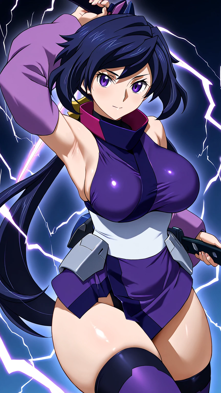 ultra-detailed, ????????, Beautiful body, Beautiful Nose, Beautiful character design, perfect eyes, perfect face, ultra highres, 4K, beautiful legs, perfect legs, Nice hands, Perfect hand, Masterpiece, Best Quality, Highly detailed, illustration, absurdres, perfect ???????, street fighter, doll suit, shadaloo doll, dollsuit, expressionless, blank eyes, looking at viewer, red gloves, emotionless, black latex, corrution, mind control, female combatant, full body, hypnotized, unhappy trance, full body suit, ribbed ????????, both arms at side, obey, perfect female body, extremely glossy latex, hypnosis, hypnoLora, empty eyes, Mind control device, poses, submissive_pose, Slave, stand up straight, standing, standing at attention, hat, necktie, belt, latex, ribbed ????????, thighhighs, garter belt, Fighting Stance, extending the right arm from the shoulder into the air with a straightened hand, Salute, saluting, military, thigh boots, 1girl, hair ornaments, purple hair, long hair, purple eyes, (((pixel-perfect, detail-perfect))), solo, 1girl, Eua, Featherine Augustus Aurora, higurashi when they cry, umineko when they cry, horn