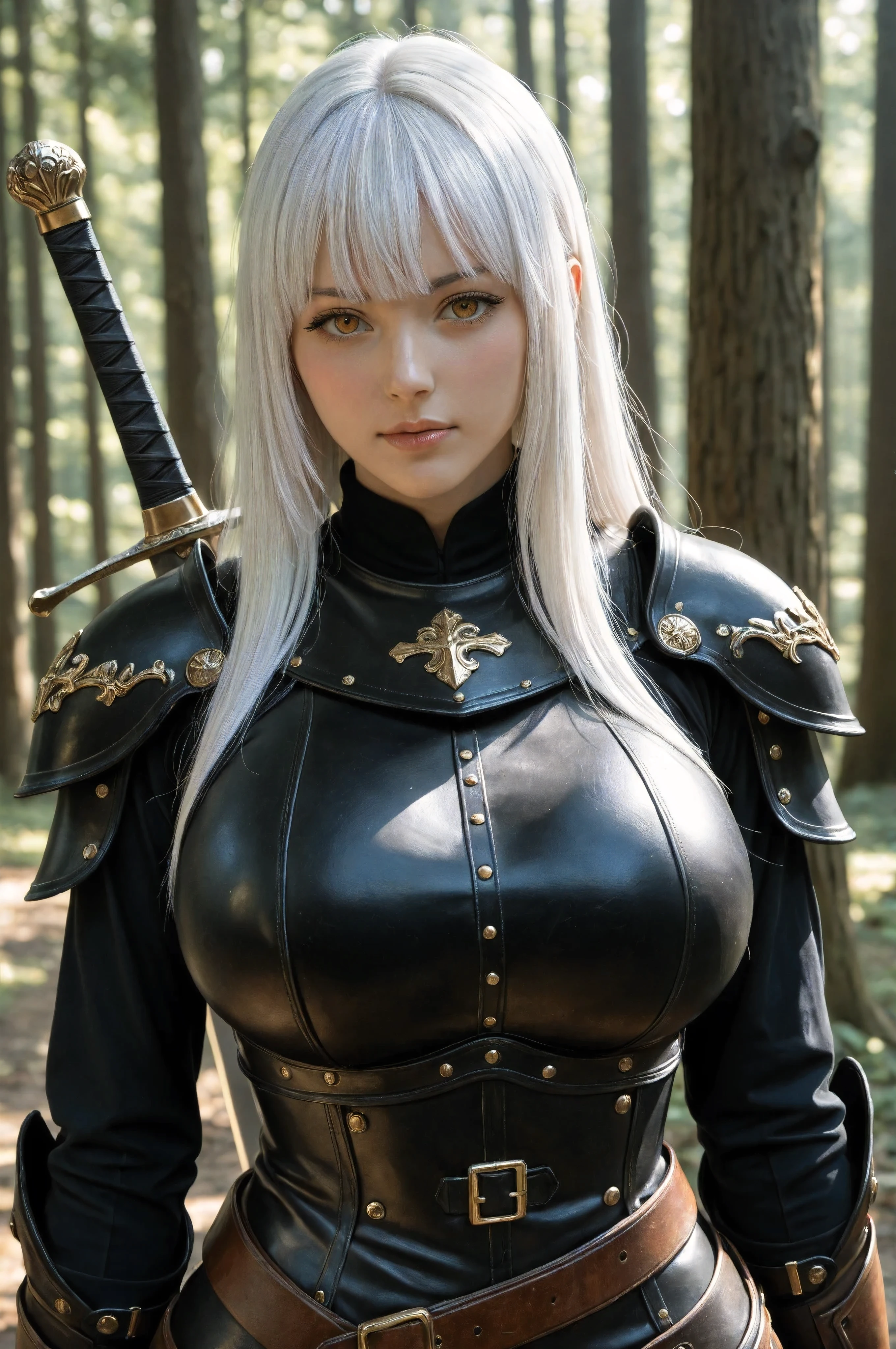 masterpiece, best quality, high quality, ultra-detailed, 1girl, beautiful, white hair, long hair, bangs, fair skin, huge breasts, leather armor, sword, forest, dappled sunlight, upper body, looking at viewer, gold eyes
