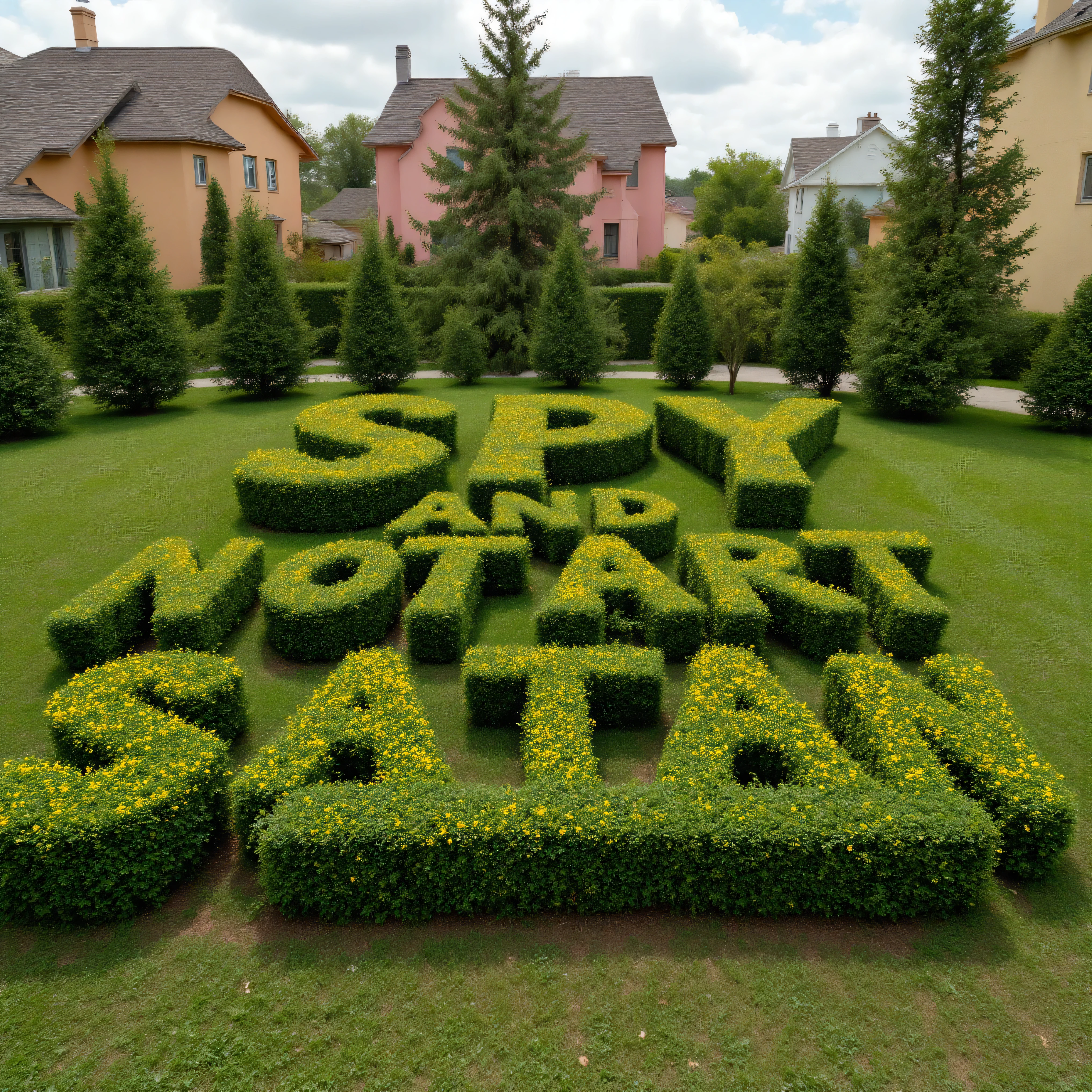Meticulously manicured juniper bushes in the shape of the words "SPY and NOT ART are both SATAN," with perfect spelling, with large houses in the background that are different colors, icon style. Ultra-realistic, photo-realistic, cinematic photography, hyperrealistic, 3D rendered realism, UHDR, high-res, physically-based rendering, extreme attention to detail, highly imaginative, best quality artwork.