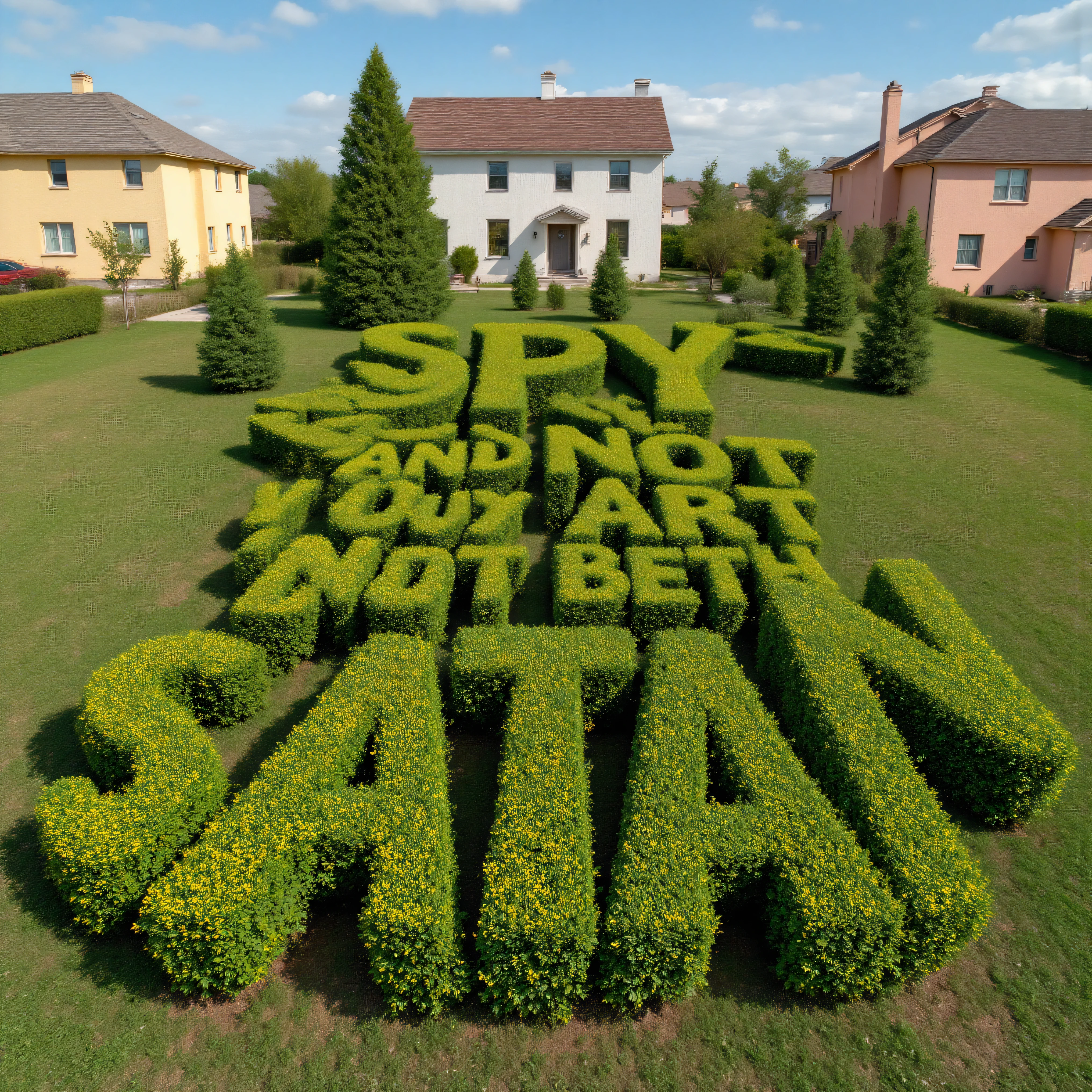 Meticulously manicured juniper bushes in the shape of the words "SPY and NOT ART are both SATAN," with perfect spelling, with large houses in the background that are different colors, icon style. Ultra-realistic, photo-realistic, cinematic photography, hyperrealistic, 3D rendered realism, UHDR, high-res, physically-based rendering, extreme attention to detail, highly imaginative, best quality artwork.