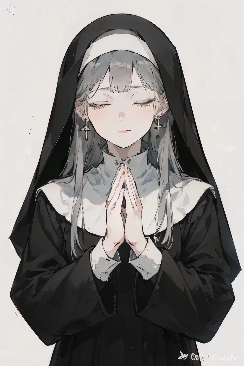 a 17-year-old saint style woman with gray hair, One Saint, 1 woman with long gray hair, Long hair, I have piercings on both ears , cross earrings, facing the front, sister clothes, standing picture in meadow, eyes are closed, closing her eyes and offering prayers,I'm praying with the fingers of both hands entwined, Suspicious Vibes, smiling around the mouth, wears a black veil, without background
