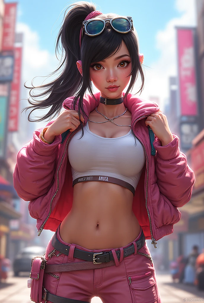 mature girl, idol girl, Super beautiful Asian girl with very beautiful bright violet eyes, beautiful multicolored shiny brown hair, High ponytail, Nice and ???? body, Skinny body, perfect body, An anime printed super tight off the shoulder long sleeve crop top, A super aesthetic transparent mini jacket, beautiful hair ornament, Pink Jordan sneakers, Being photographed in a mall store,( ???????,),8K more detailed.unreal engine:1.4,HD,La Best Quality:1.4, photorealistic:1.4, skin texture:1.4, Masterpiece:1.8,first work, Best Quality,object object], (detailed facial features:1.3),(detailed hands),((The correct proportions)),(Tokyo city background cyberpunkAI colors:1.4),(Beautiful blue eyes), ( ???????, Showing neon pink panties, showing ?????: 1.5),