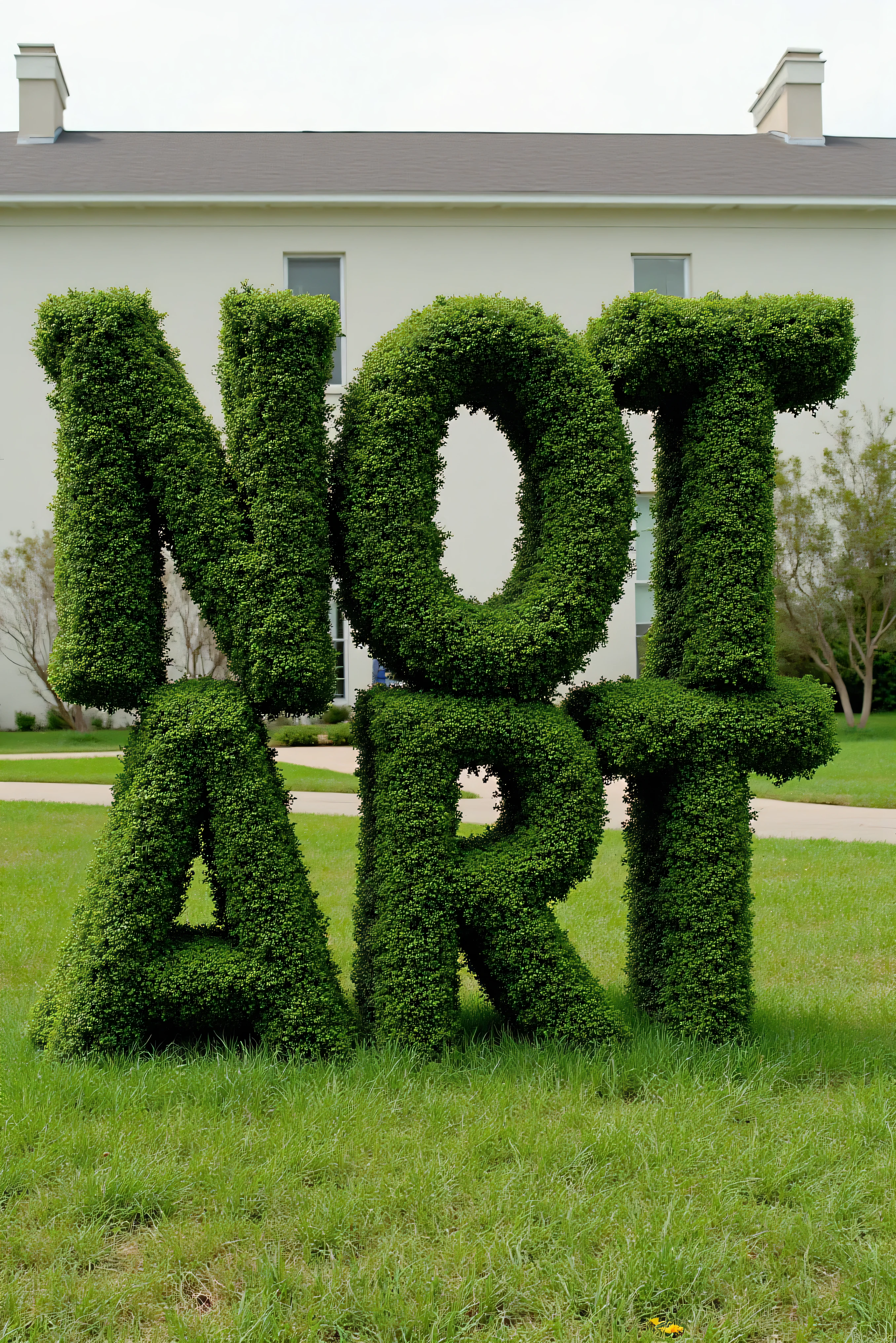 Meticulously manicured juniper bushes in the shape of the words "NOT ART," perfect spelling, icon style. Ultra-realistic, photo-realistic, cinematic photography, hyperrealistic, 3D rendered realism, UHDR, high-res, physically-based rendering, extreme attention to detail, highly imaginative, best quality artwork.