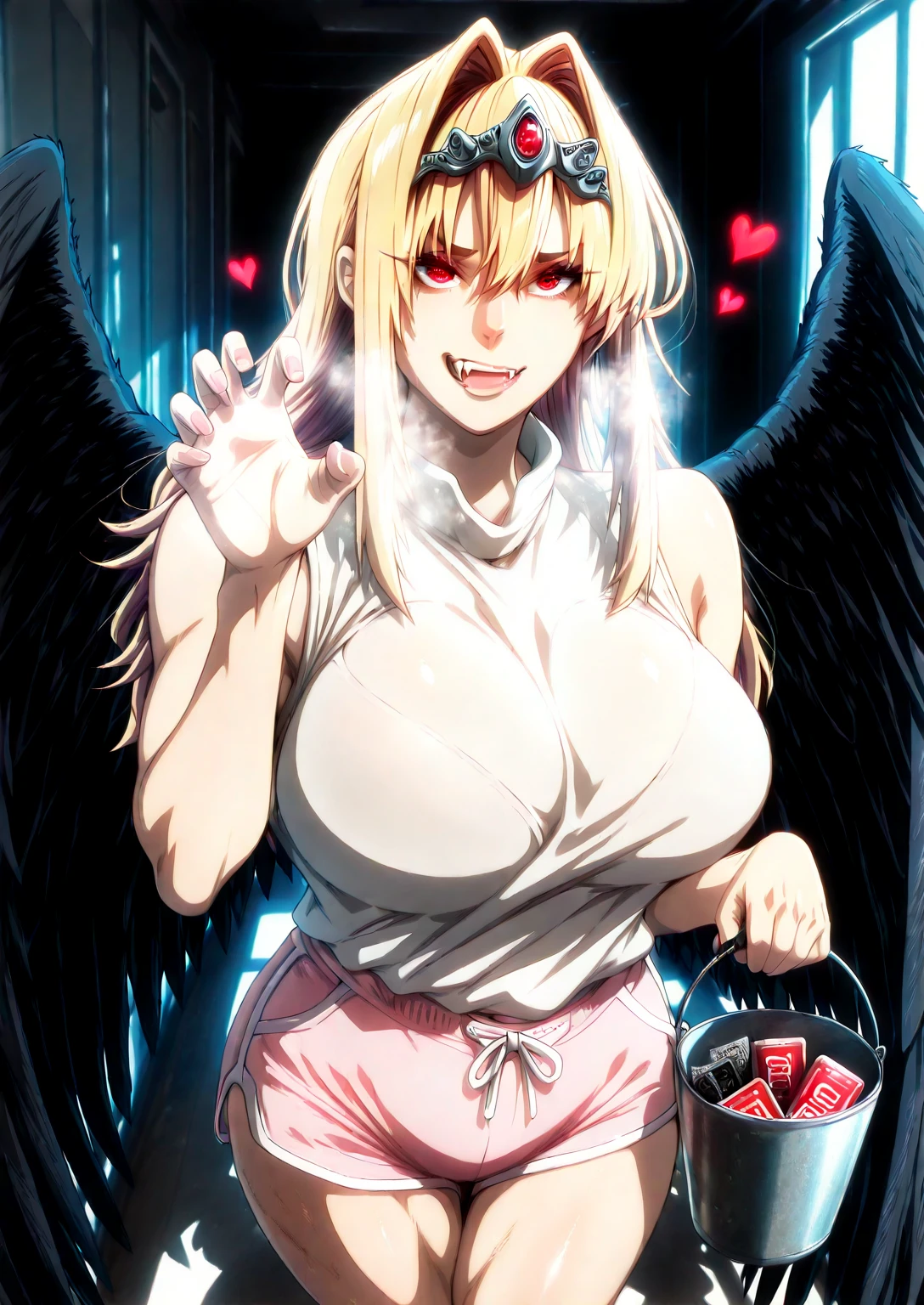 kakao, L_Cation2, Babu-style, Hgk, (jeneral-style:1.2), (butcha-u-style:1.3), (imizu_(nitro_unknown)-style:1.4), (gin_moku-style:1.2), (j.k.-style:1.3), (anime coloring, anime screencap), shiny skin, (voluptuous body:1.4), (mature female:1.4), (cellulite:1.3), ((vignetting)), ((anatomical correct)), ((Cinematic, unreal-engine, eye-catching, UHD, masterpiece)), ((perfect lighting, soft shadow)), perfect body, perfect eyes, perfect fingers, gasping, heavy breathing, gasping profusely, ((skindentation)), ((curvy)), ruphas mafahl, blonde hair, red eyes, hair between eyes, long hair, hair intakes, feathered wings, large wings, black wings, tiara, plump, ((vignetting)), hearts, pleasured, 1girl, breasts, mature female, solo, White shirt, sleeveless, standing, claw pose, holding bucket, looking at viewer, fangs, smirk, collarbone, condom, condom box, thighs, curvy, hallway, dim light, black nails, dolphin shorts, short shorts,pink shorts,